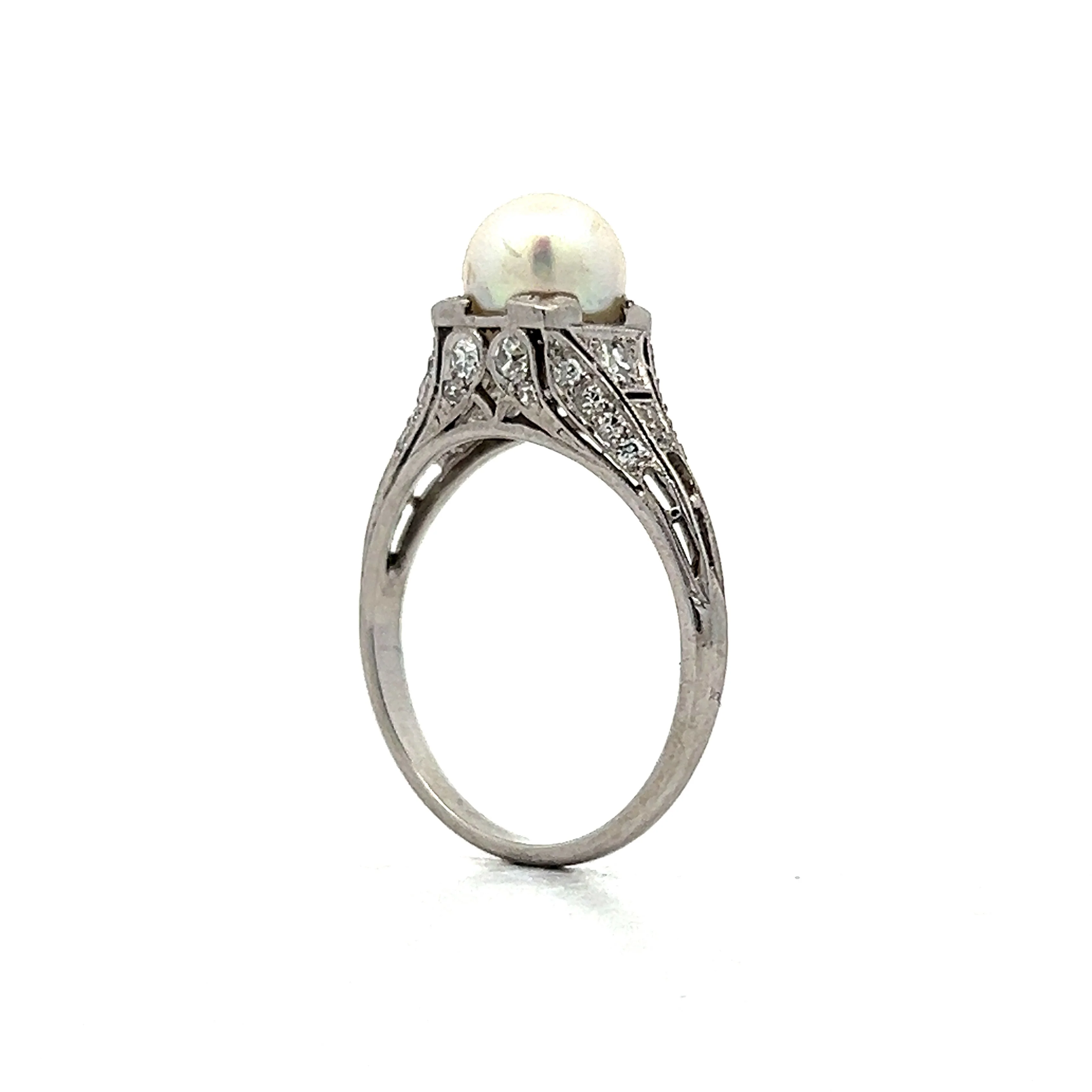 Deco Filigree Pearl & Diamond Cocktail Ring in Platinum - Image 4