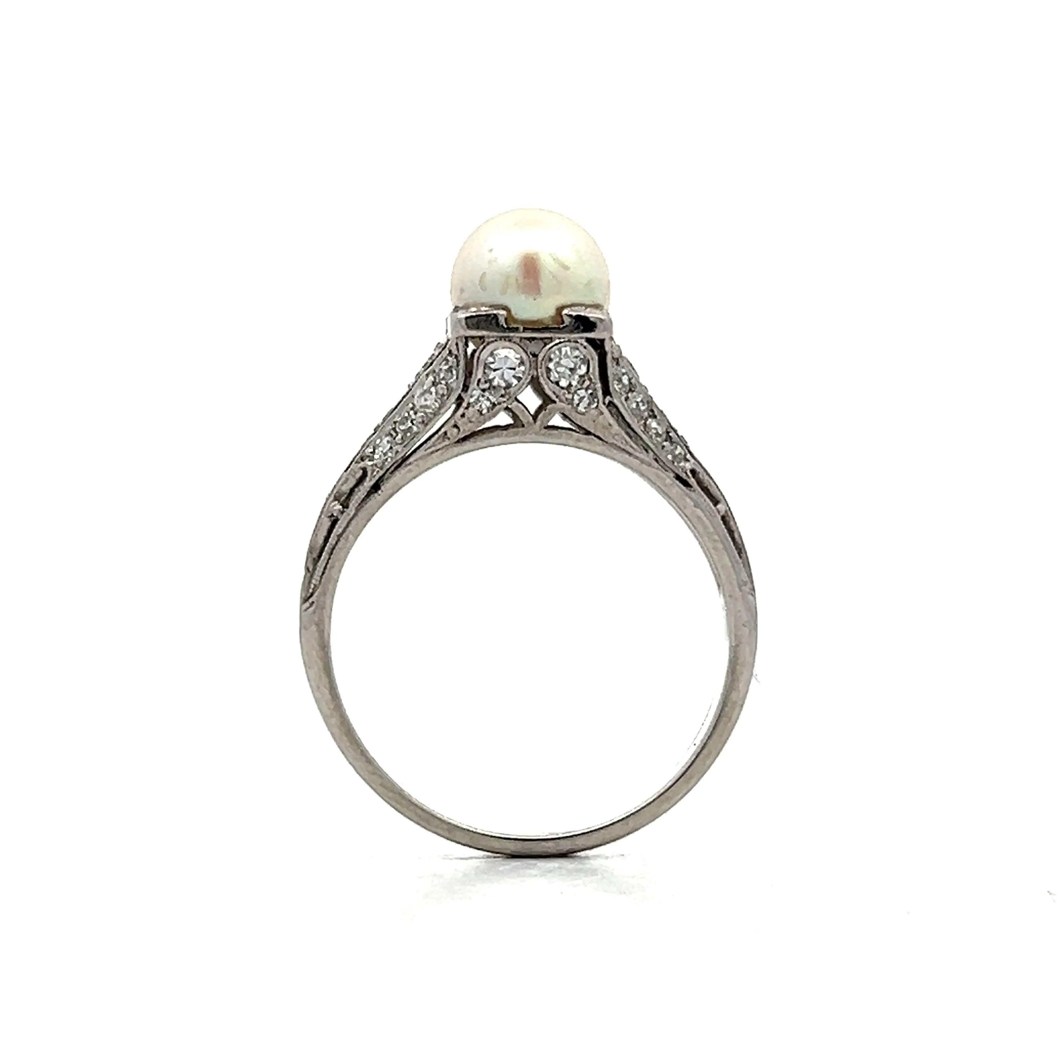 Deco Filigree Pearl & Diamond Cocktail Ring in Platinum - Image 5