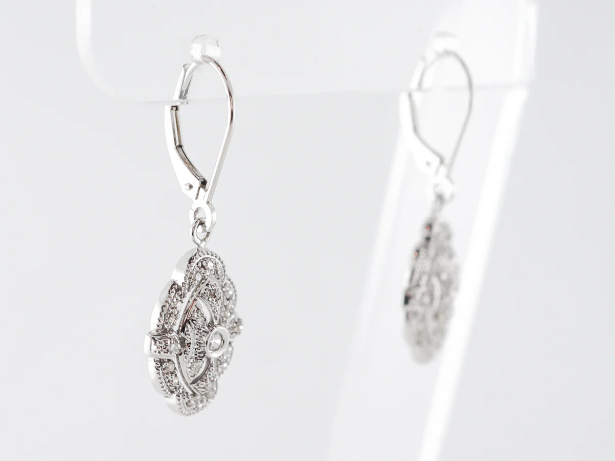 Deco Style Dangle Earrings w/ Diamonds in White Gold - Image 2