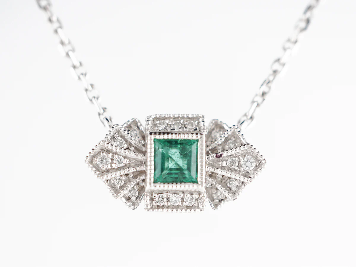 Deco Style Emerald & Diamond Pendant in 18k White Gold