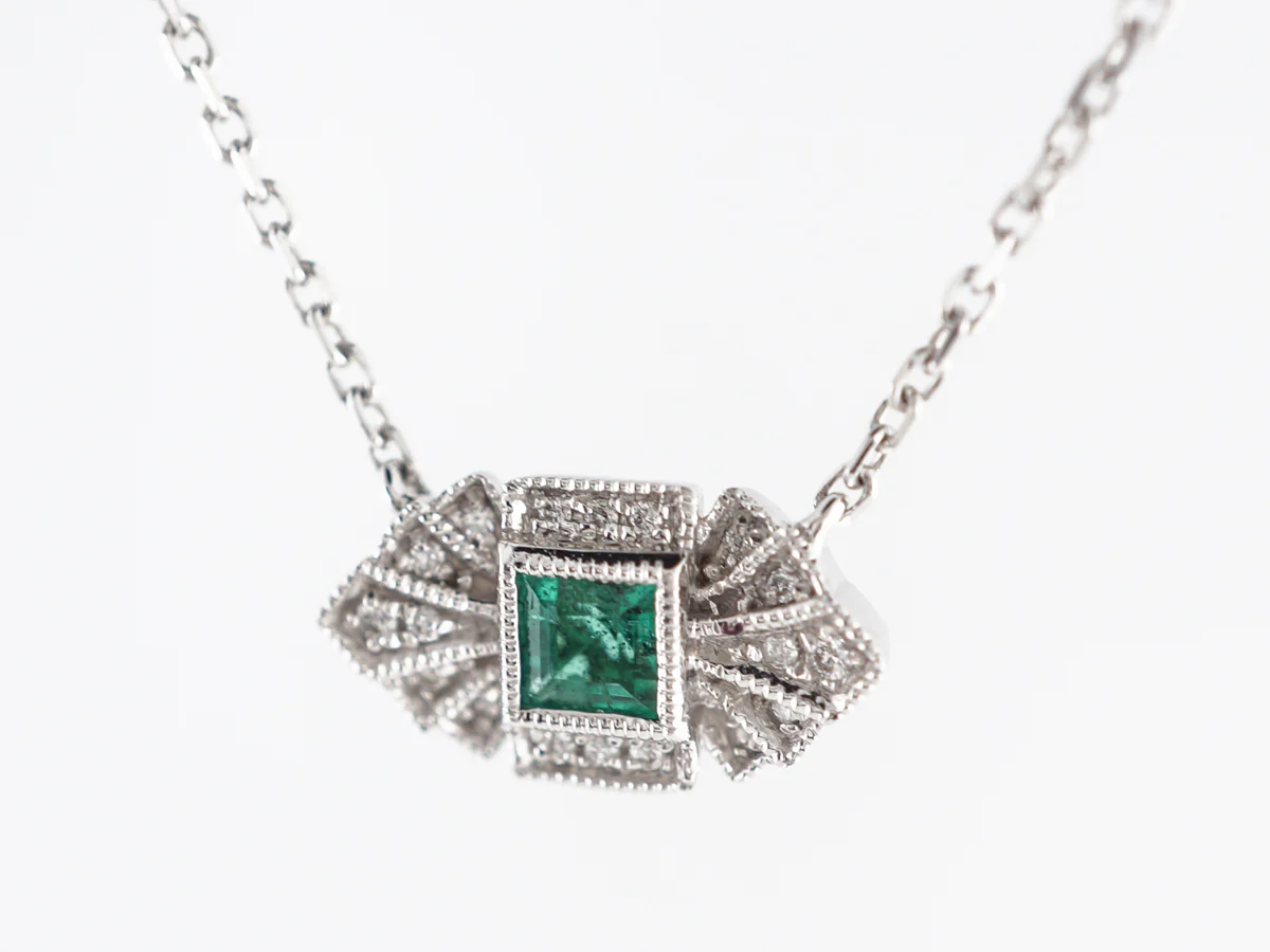 Deco Style Emerald & Diamond Pendant in 18k White Gold - Image 2