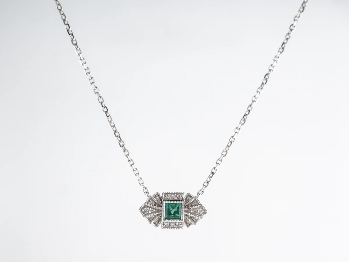 Deco Style Emerald & Diamond Pendant in 18k White Gold - Image 3