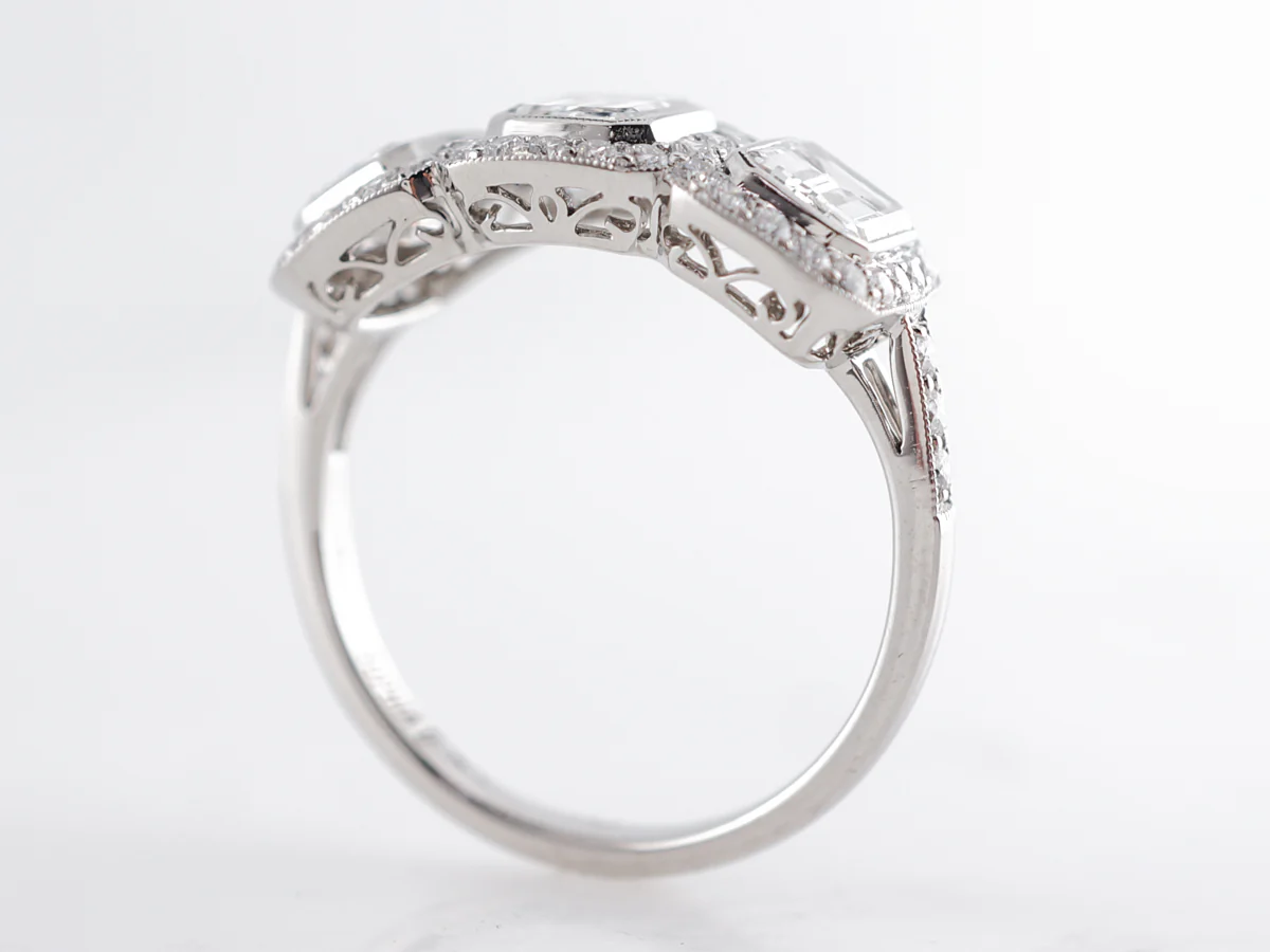 Deco Style Three Stone Emerald Cut Diamond Ring in Platinum - Image 5