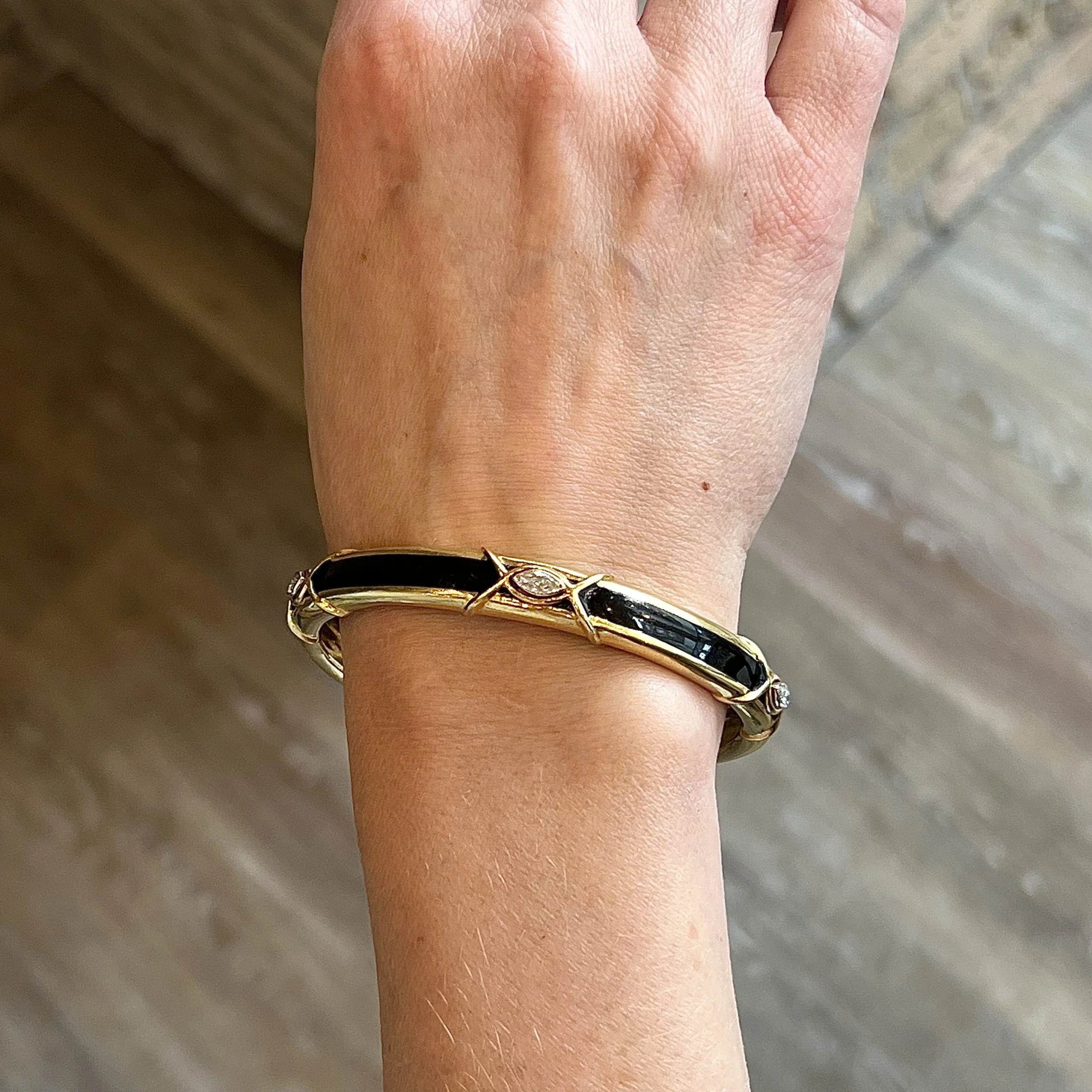 Diamond & Black Enamel Bangle Bracelet in 18k Yellow Gold - Image 4