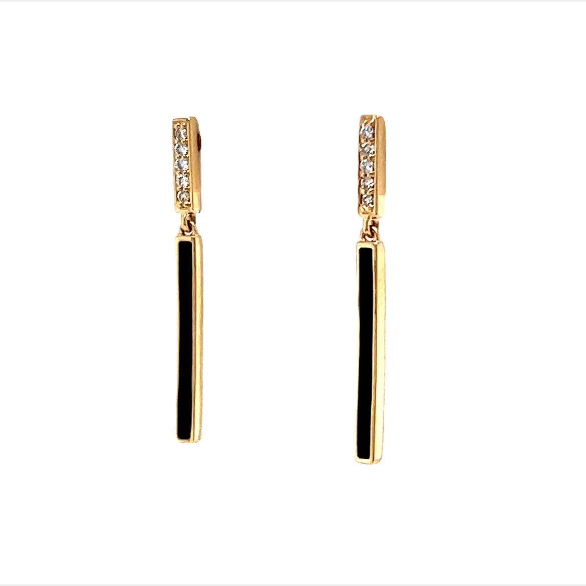 Diamond & Black Enamel Bar Drop Earrings in 14k Yellow Gold - Image 2