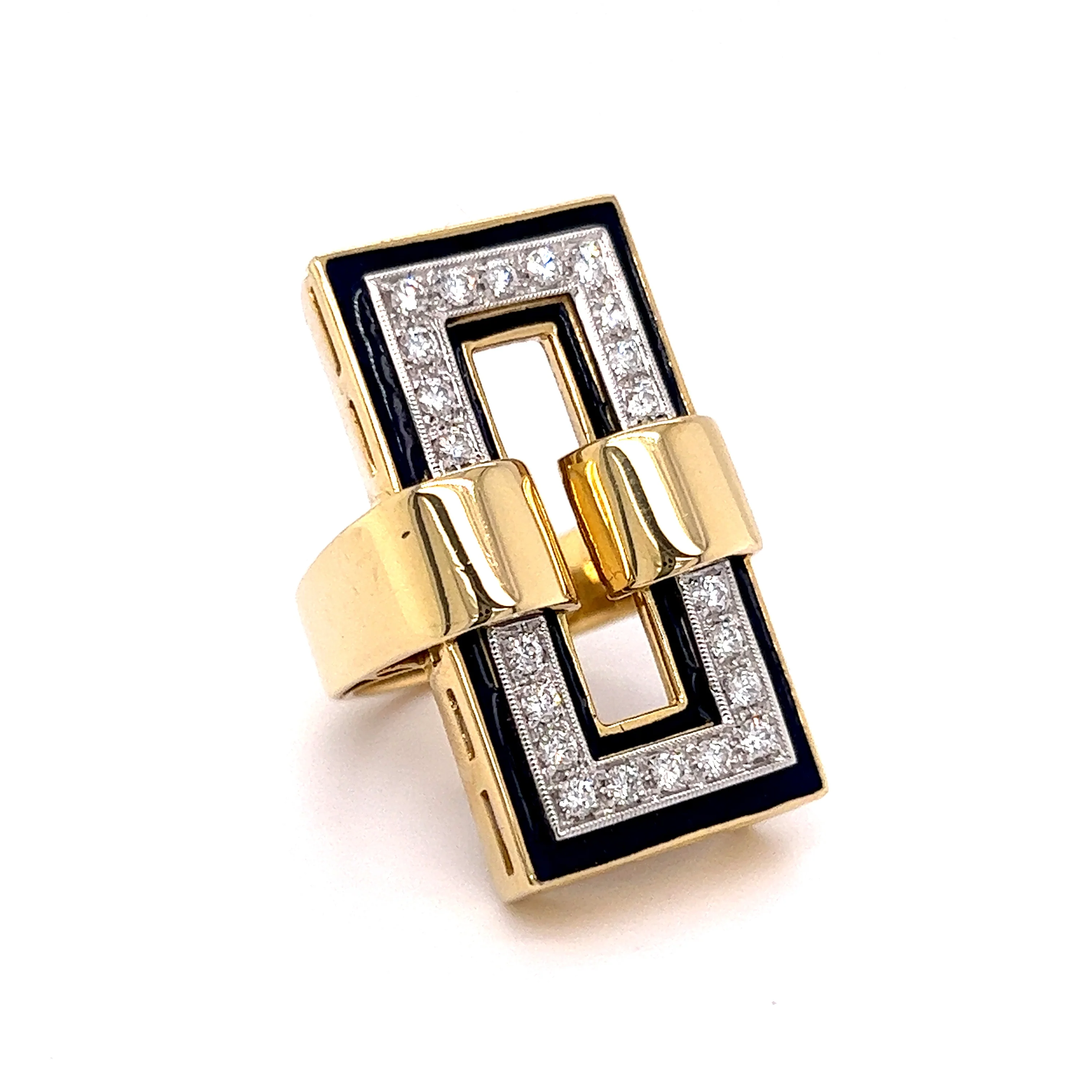 Diamond & Blue Enamel Cocktail Ring 18k Gold - Image 3