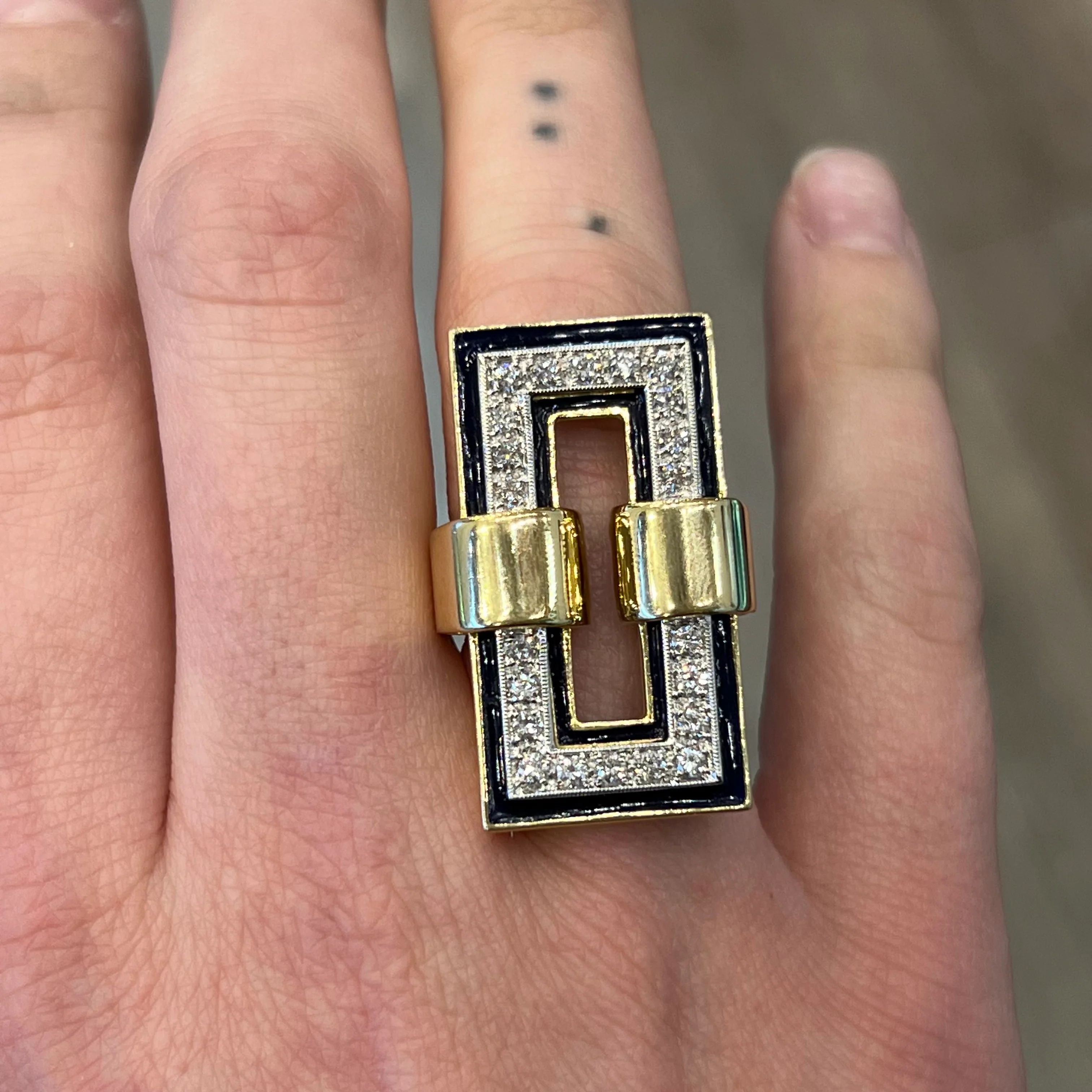 Diamond & Blue Enamel Cocktail Ring 18k Gold - Image 6