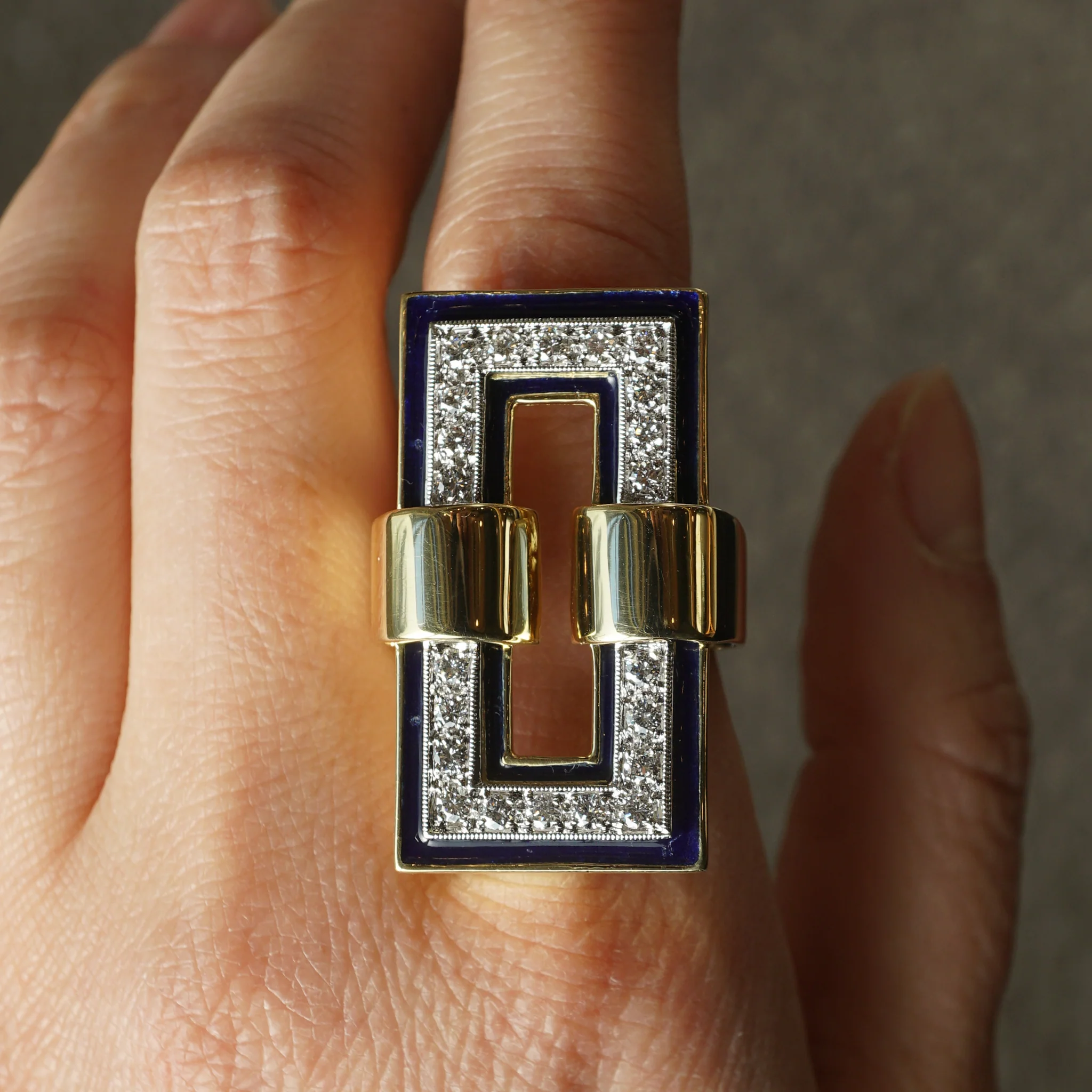 Diamond & Blue Enamel Cocktail Ring 18k Gold - Image 7