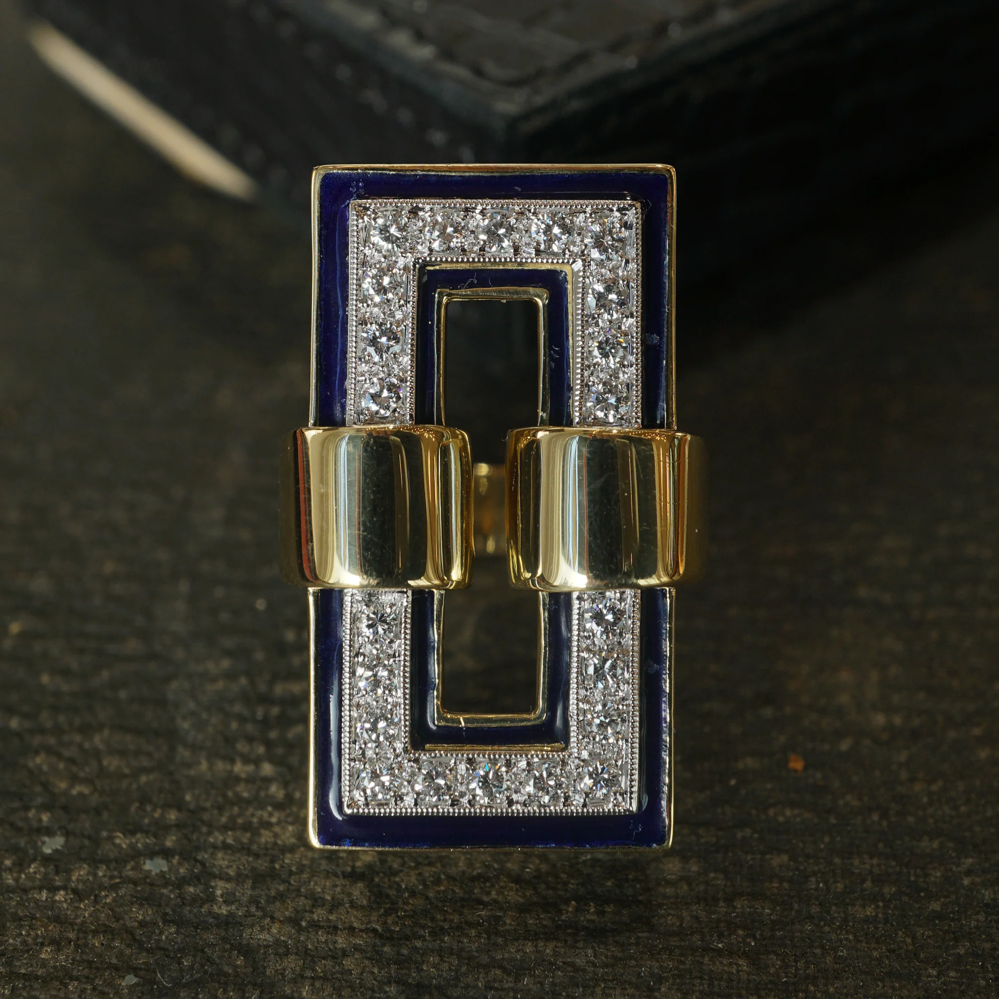 Diamond & Blue Enamel Cocktail Ring 18k Gold - Image 8