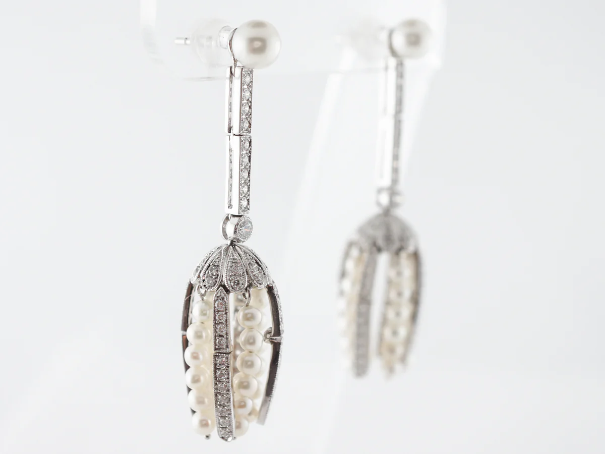 Diamond Dangle Earrings w/ Pearls in Platinum - Image 2