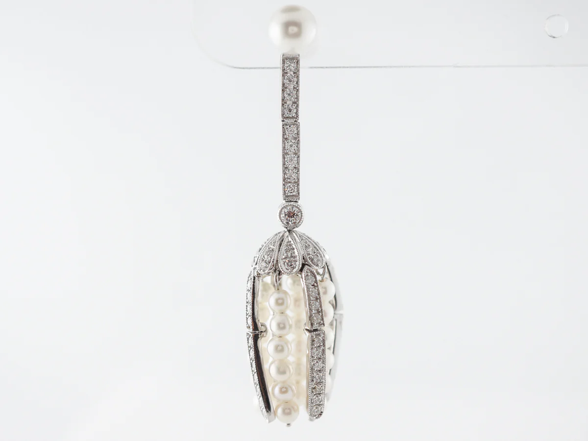 Diamond Dangle Earrings w/ Pearls in Platinum - Image 3