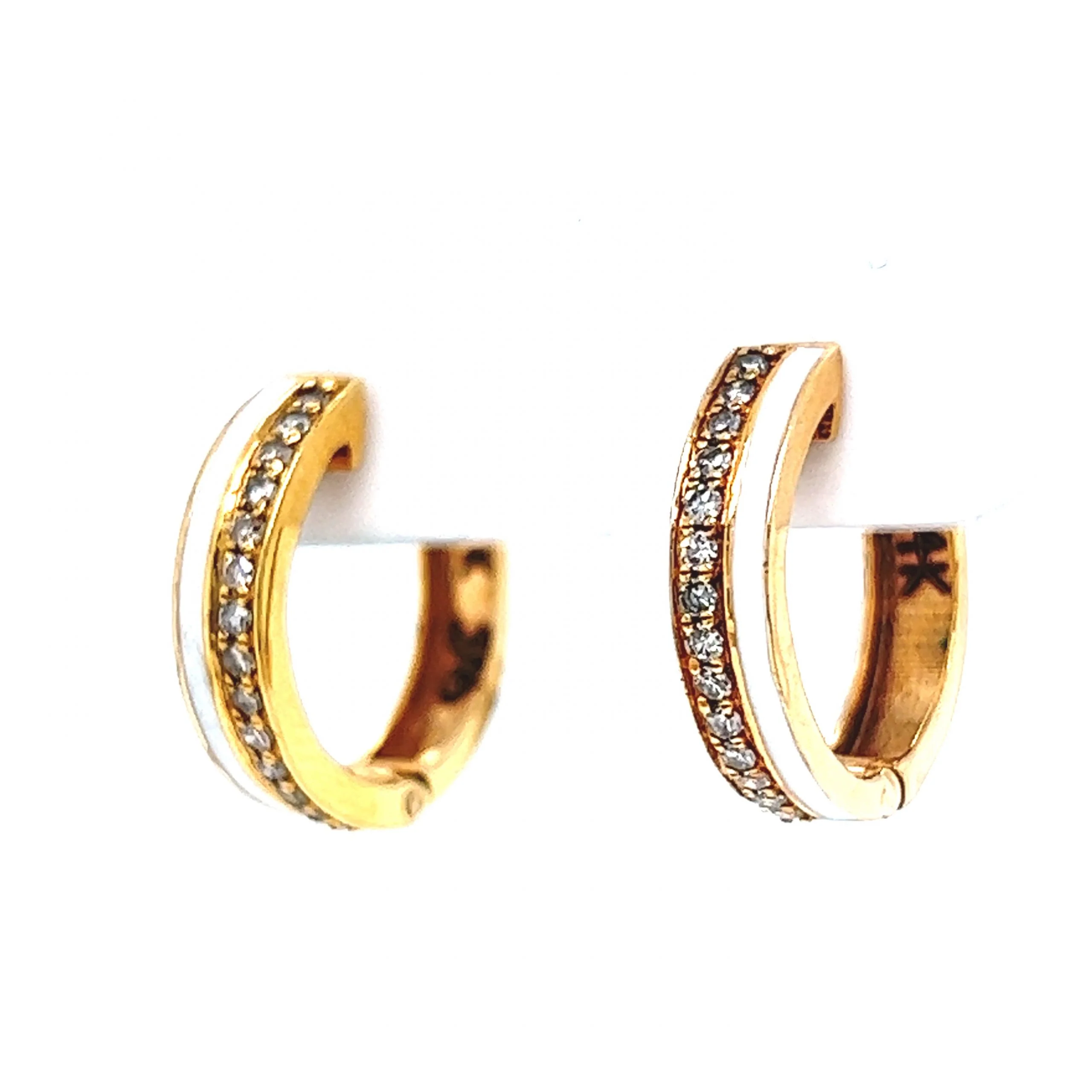Diamond & Enamel Huggie Hoop Earrings in 14k Yellow Gold - Image 2