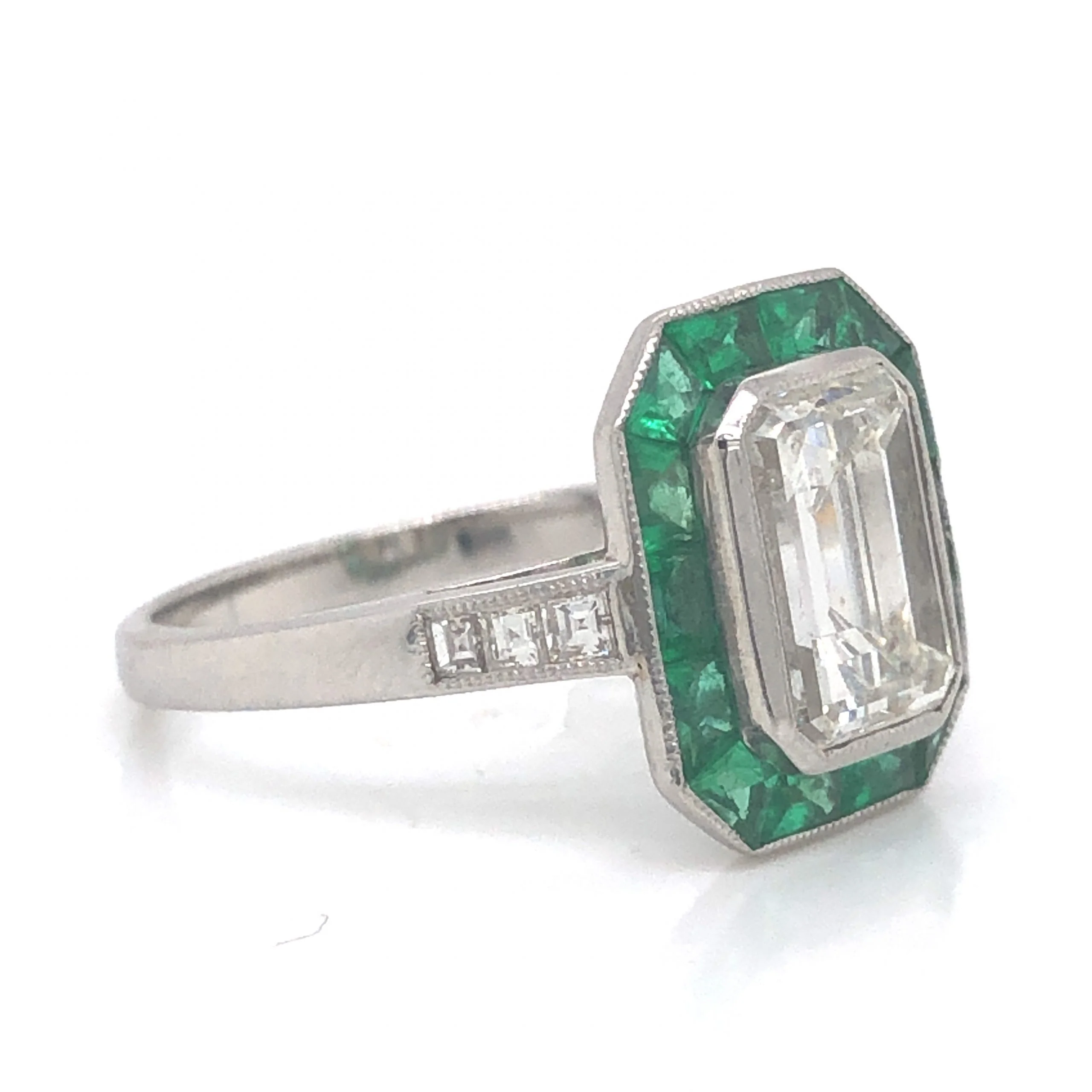 Diamond & French Cut Emerald Halo Engagement Ring in Platinum - Image 3