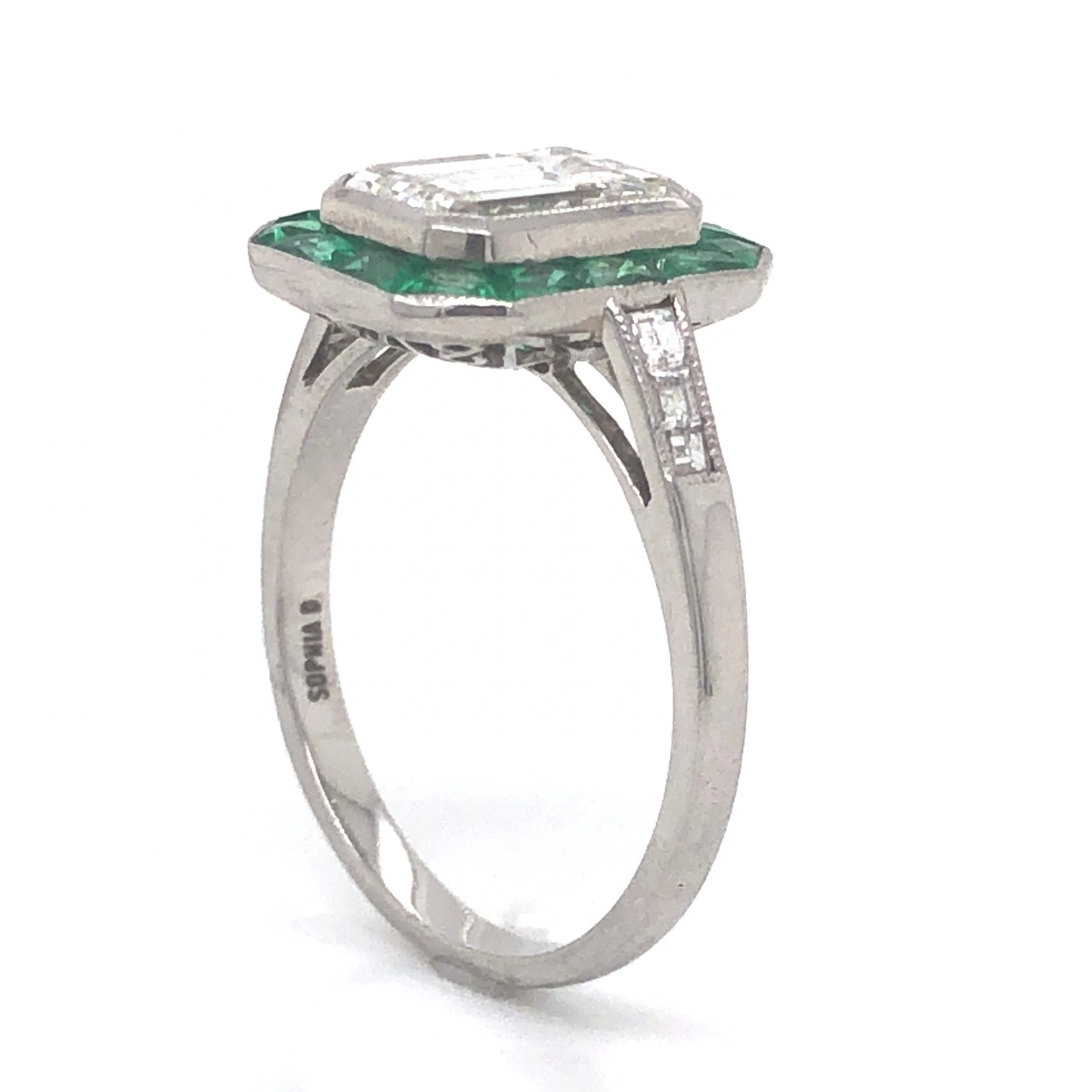 Diamond & French Cut Emerald Halo Engagement Ring in Platinum - Image 4