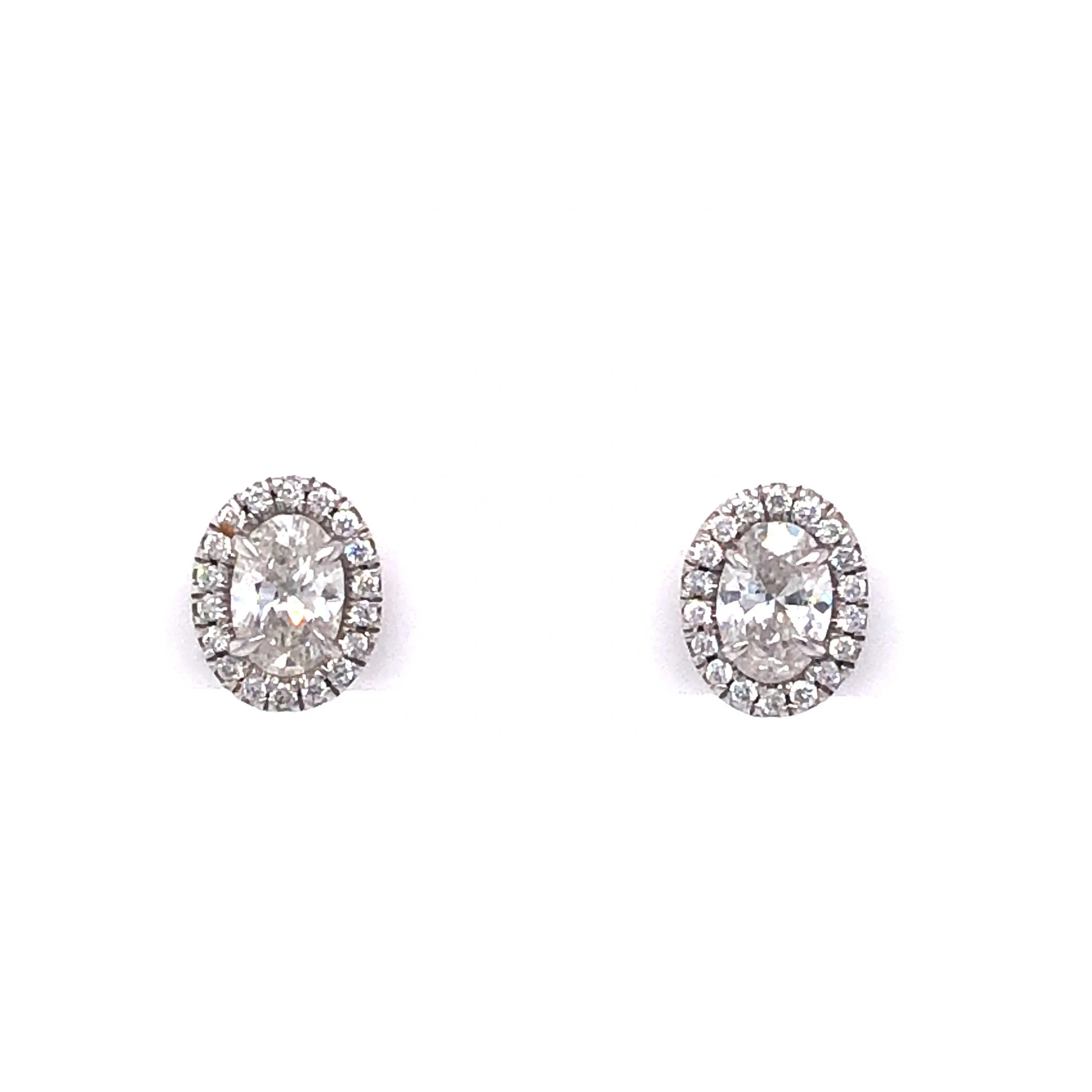 Oval Cut Diamond Halo Earring Studs in 18k White Gold