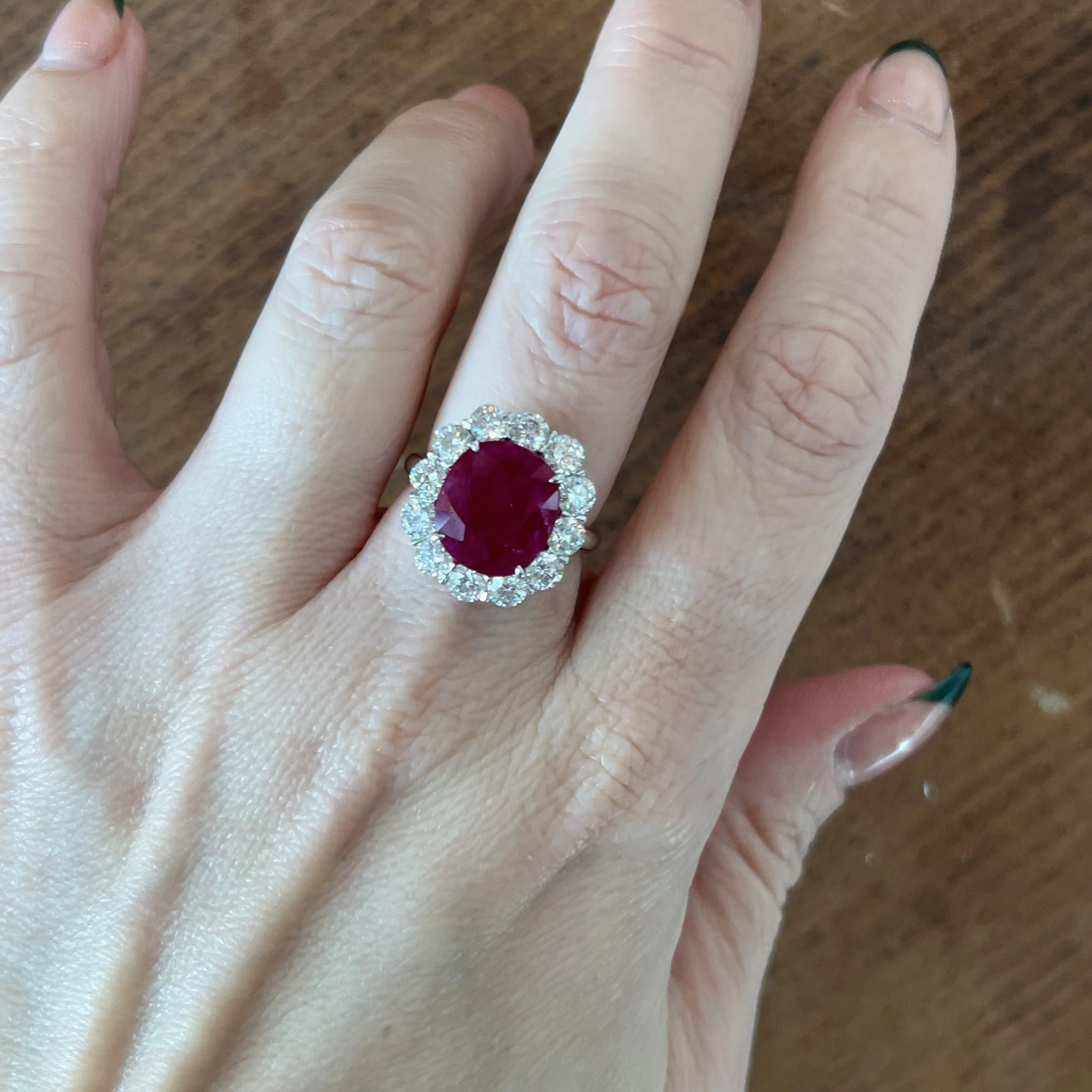 Diamond Halo Ruby Cocktail Ring in Platinum - Image 6