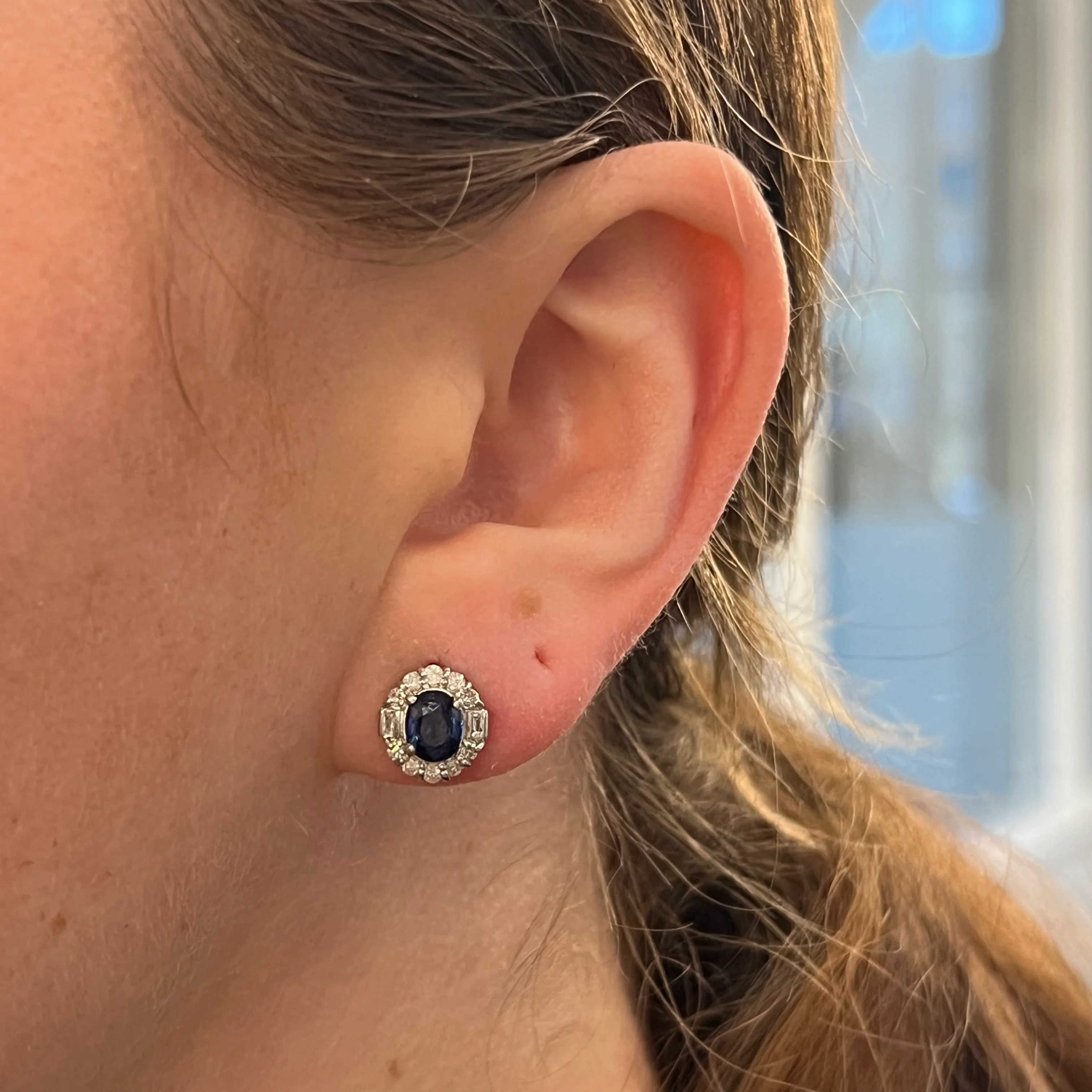 Diamond Halo Sapphire Stud Earrings in 18k White Gold - Image 4