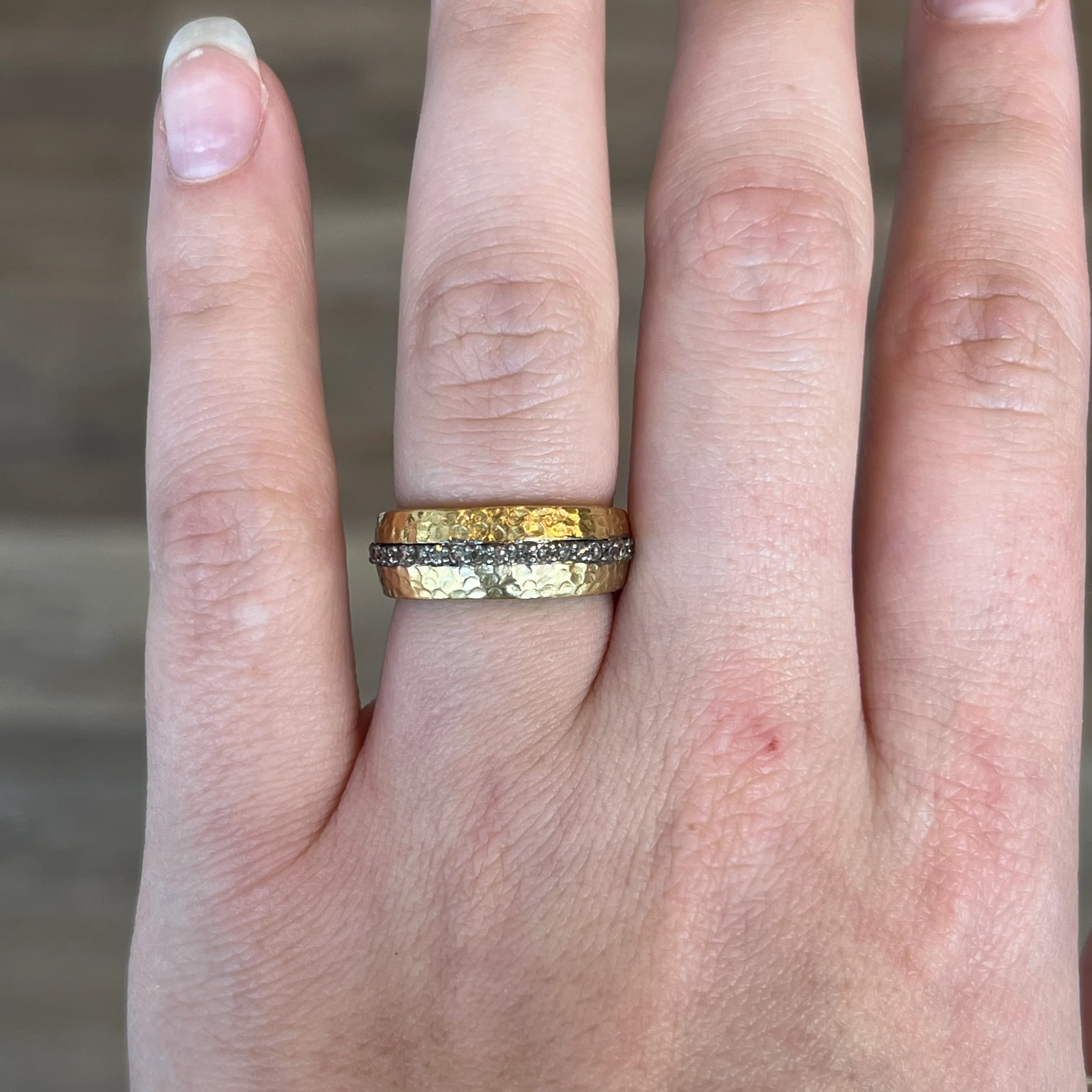 Diamond Hammered Stacking Ring in 18k Yellow Gold - Image 6