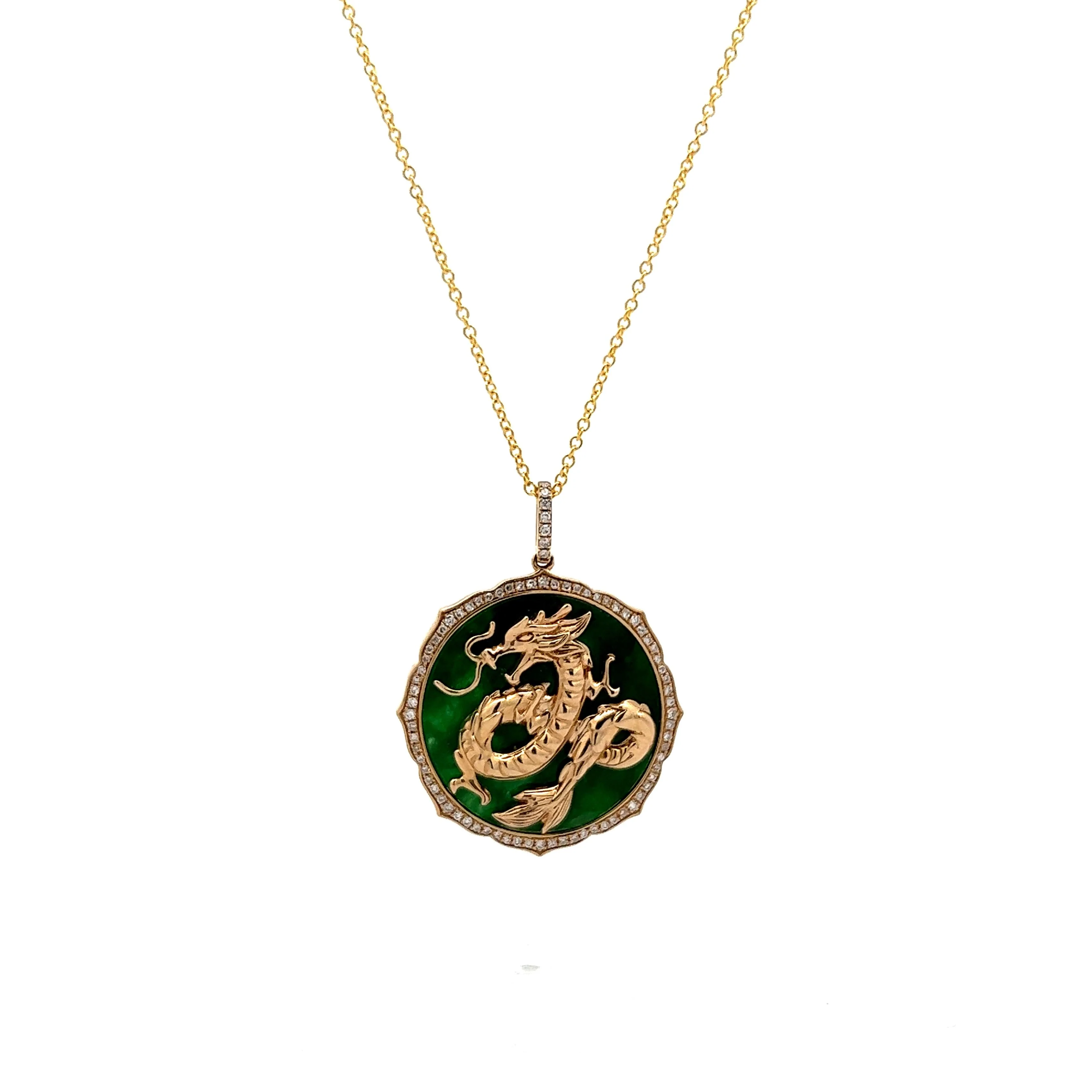 Diamond & Jadeite Dragon Pendant in Yellow Gold