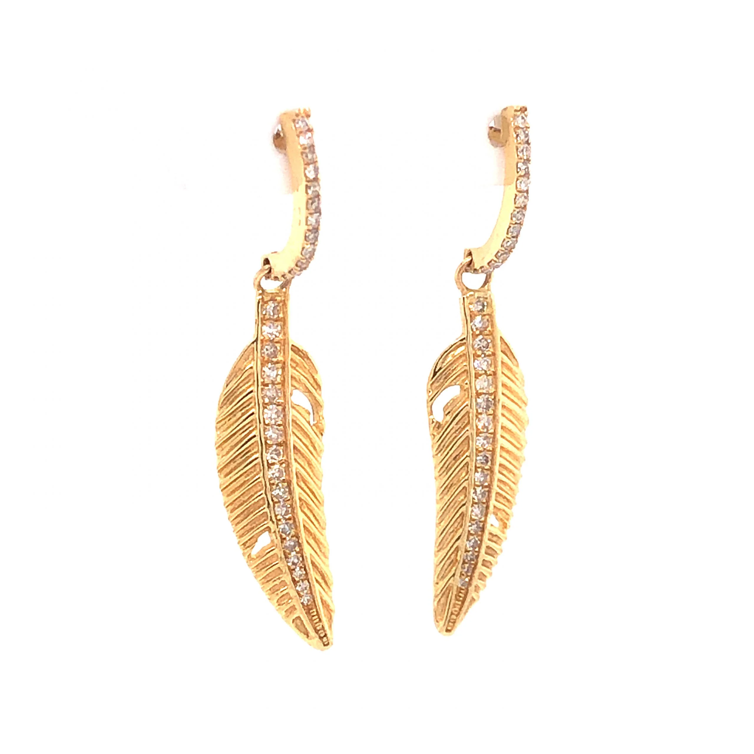 Diamond Leaf Drop Earrings in 14k Yellow Gold - Image 3