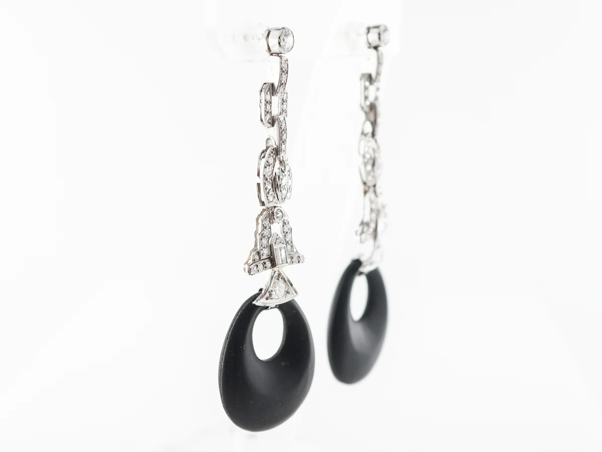 Diamond & Onyx Dangle Earrings in White Gold & Platinum - Image 2