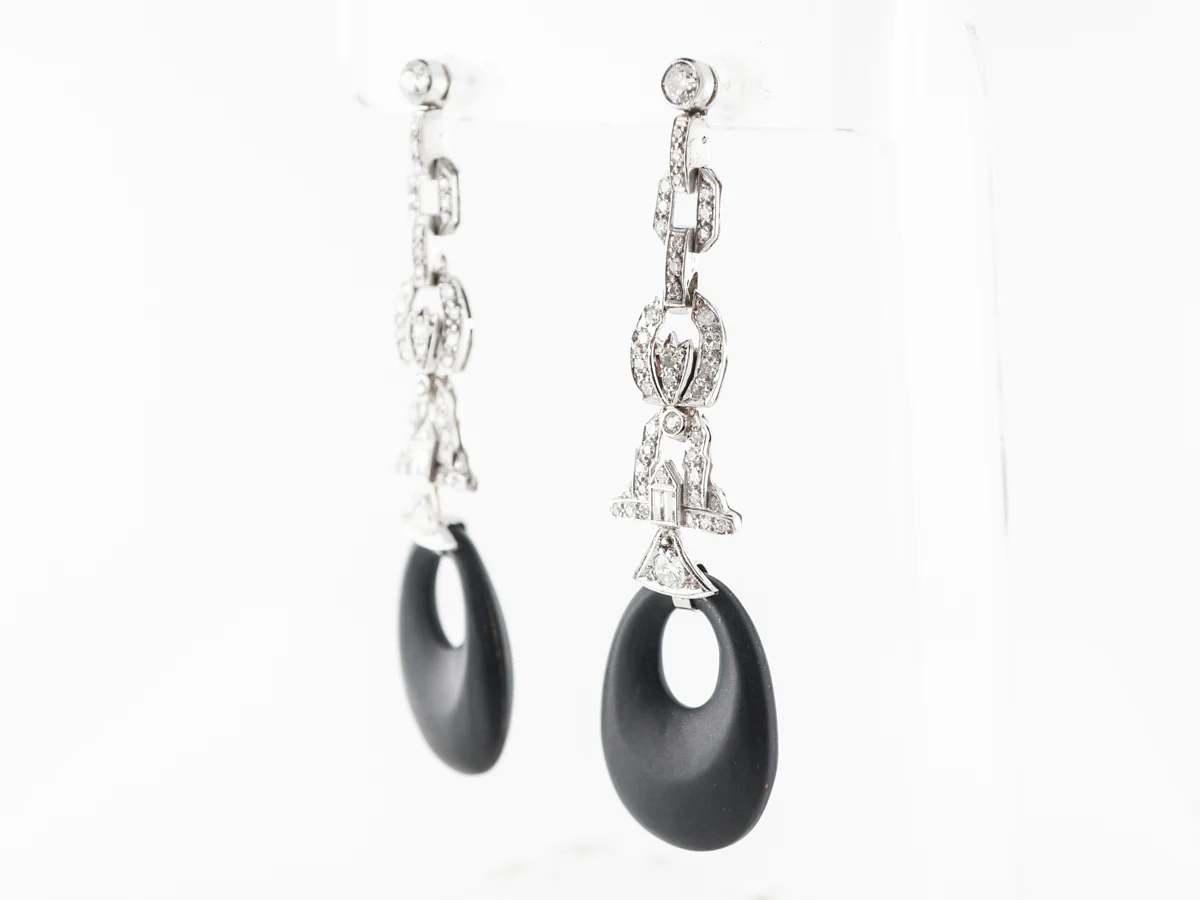 Diamond & Onyx Dangle Earrings in White Gold & Platinum - Image 3