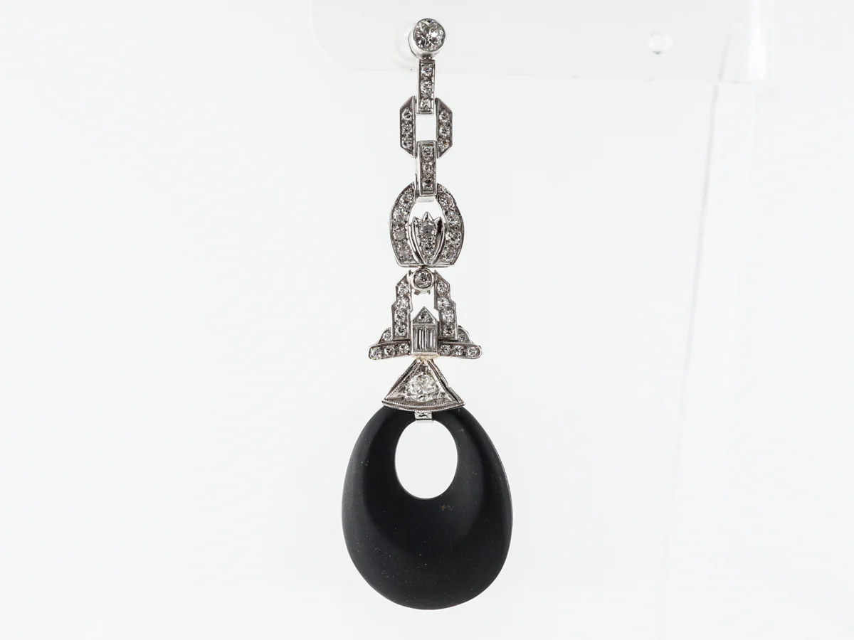 Diamond & Onyx Dangle Earrings in White Gold & Platinum - Image 4