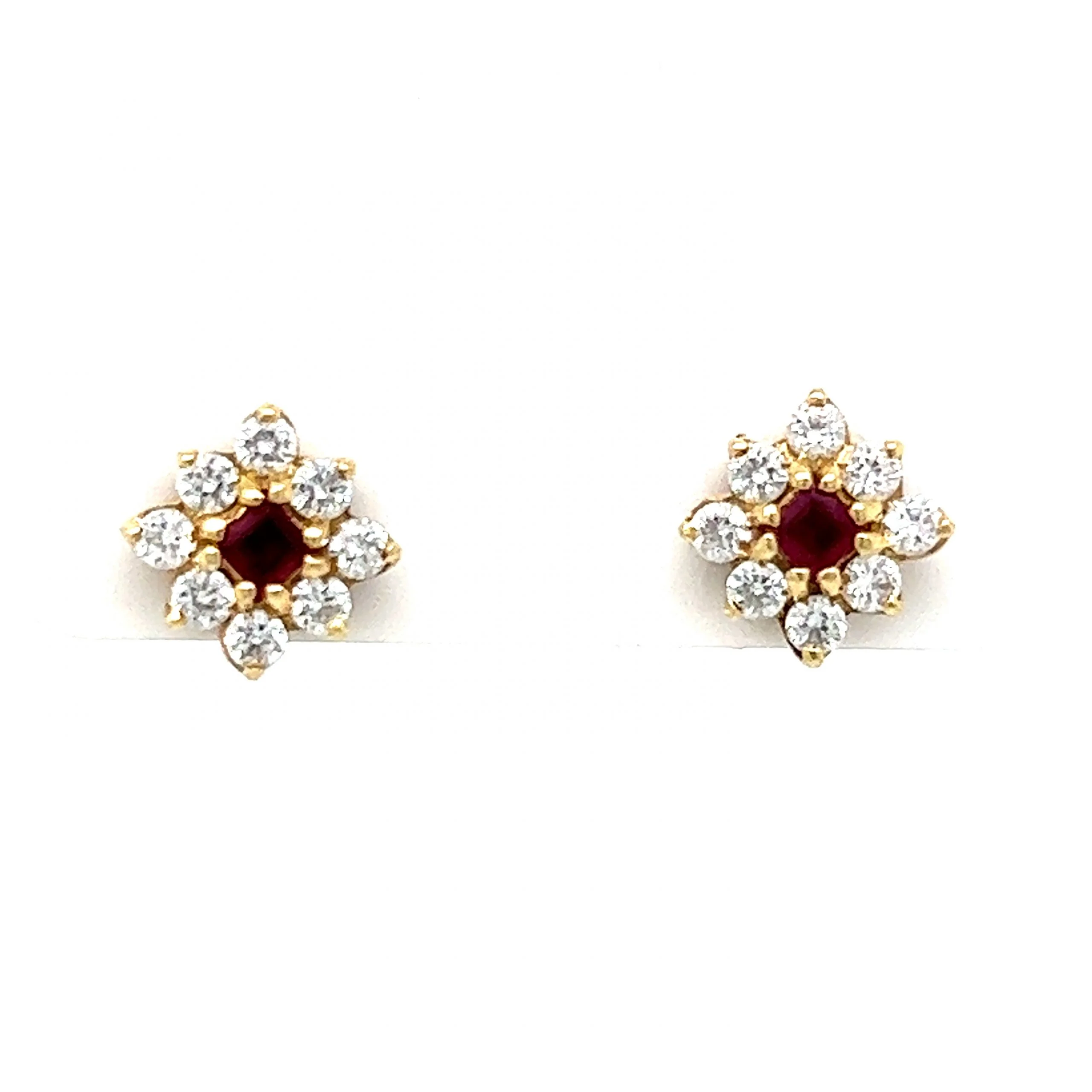 Diamond & Ruby Cluster Stud Earrings in 14k Yellow Gold