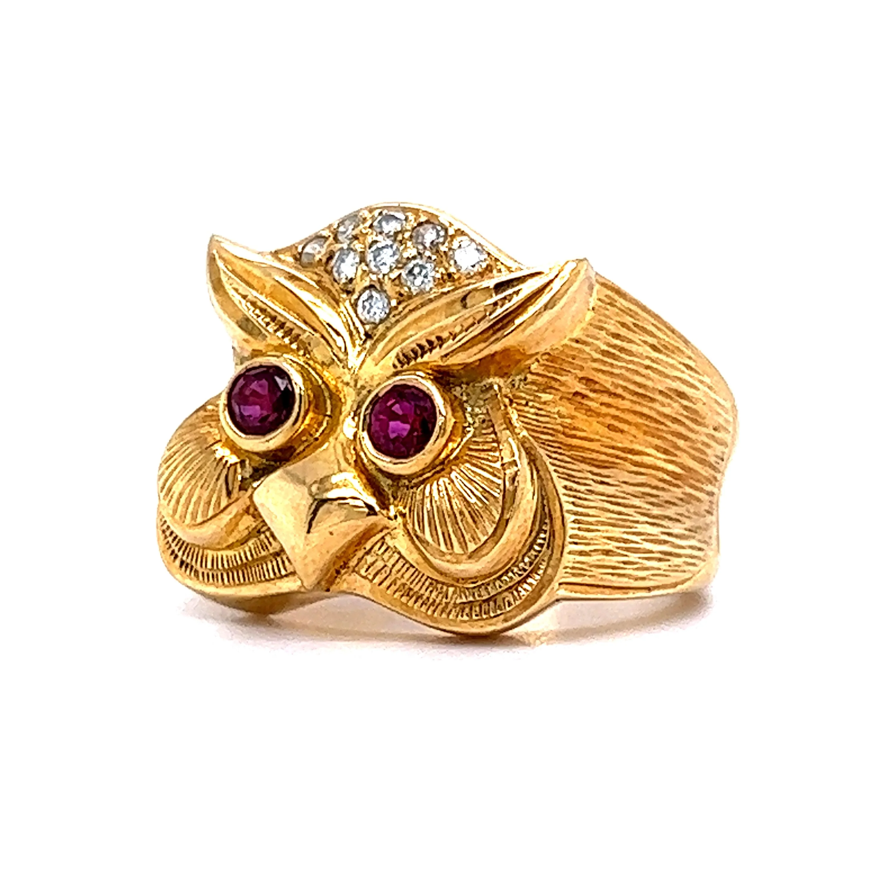 Diamond & Ruby Eyed Owl Cocktail Ring in 18k Yellow Gold - Image 2