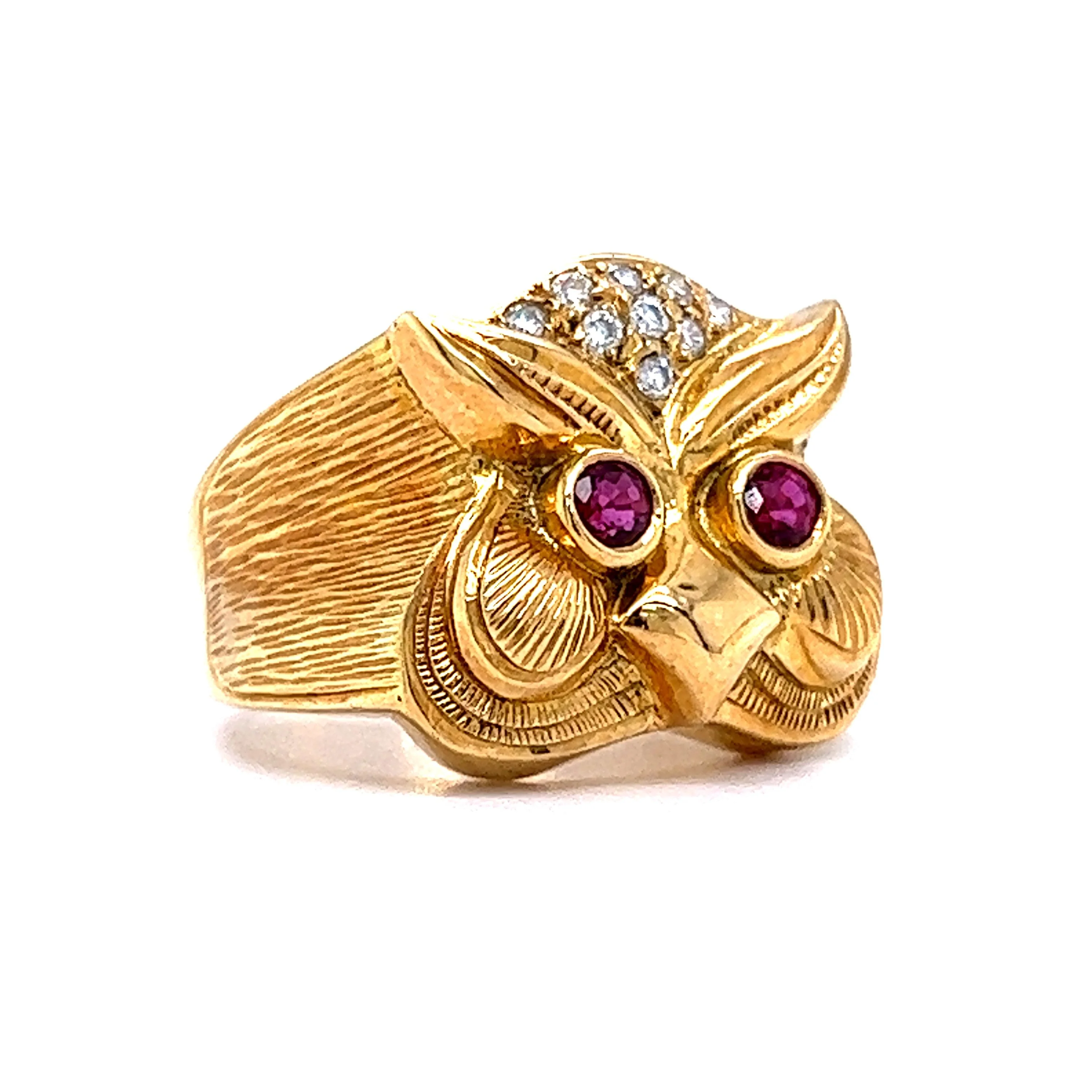 Diamond & Ruby Eyed Owl Cocktail Ring in 18k Yellow Gold - Image 3