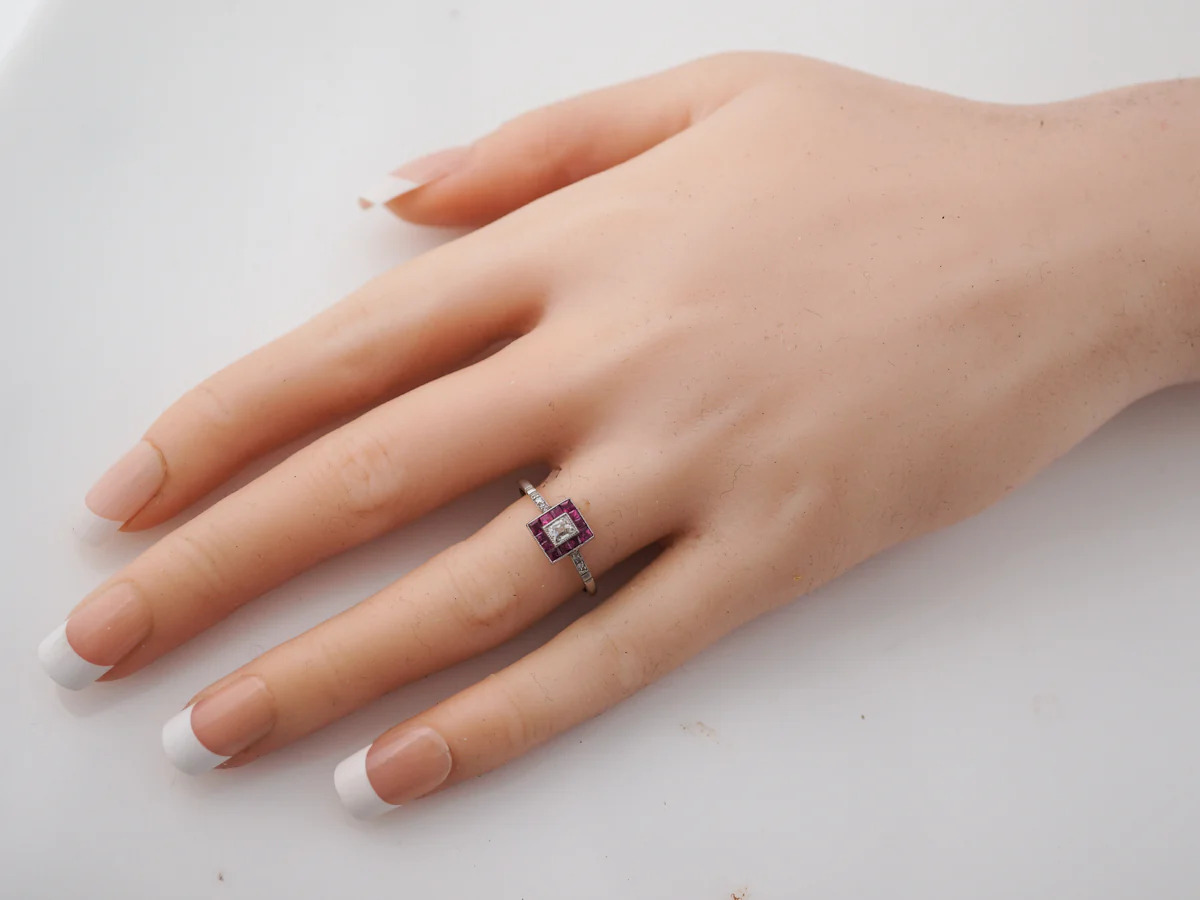 Diamond & Ruby Halo Engagement Ring in Platinum - Image 7