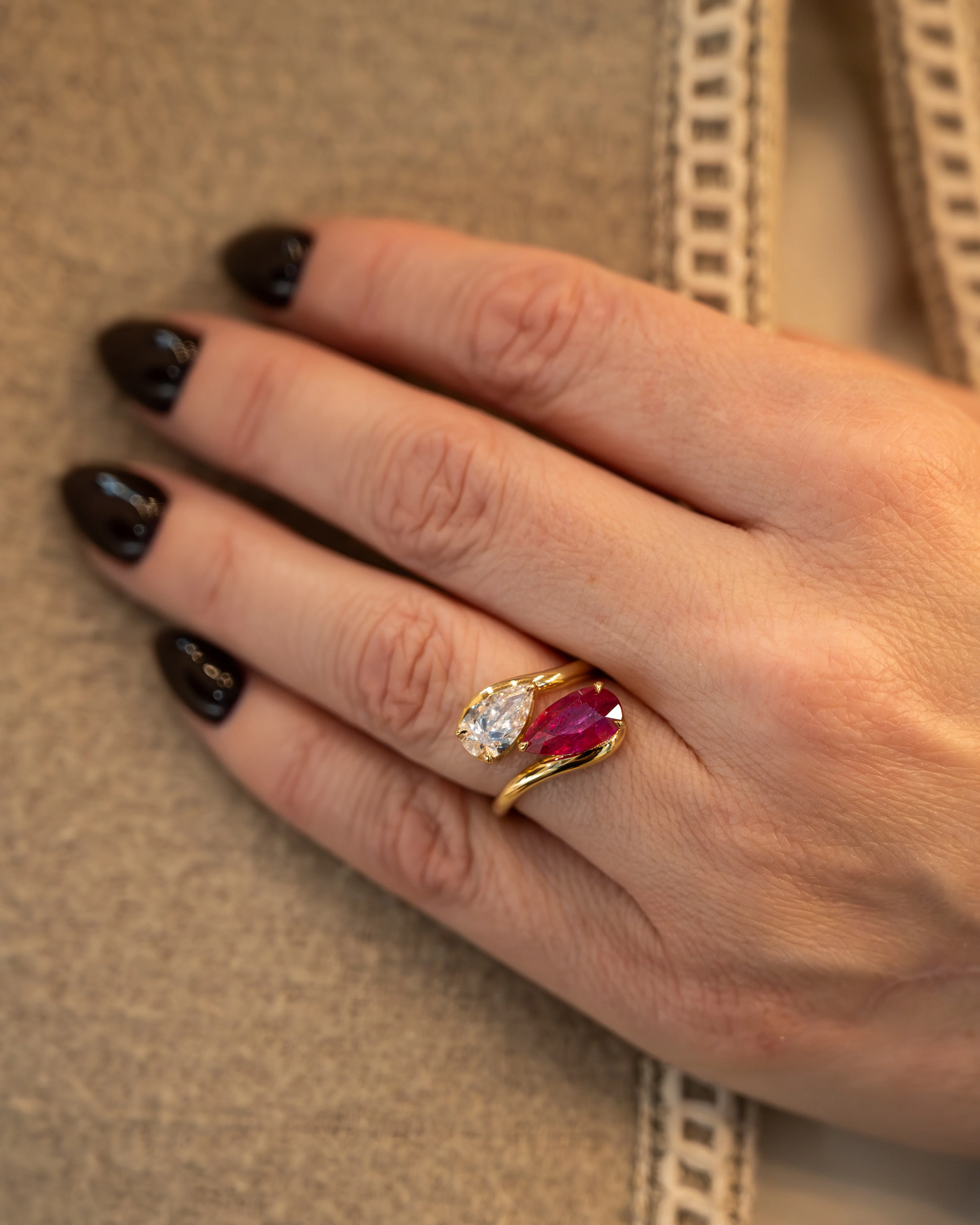 Diamond & Ruby Toi Et Moi Cocktail Ring 18k Yellow Gold - Image 7
