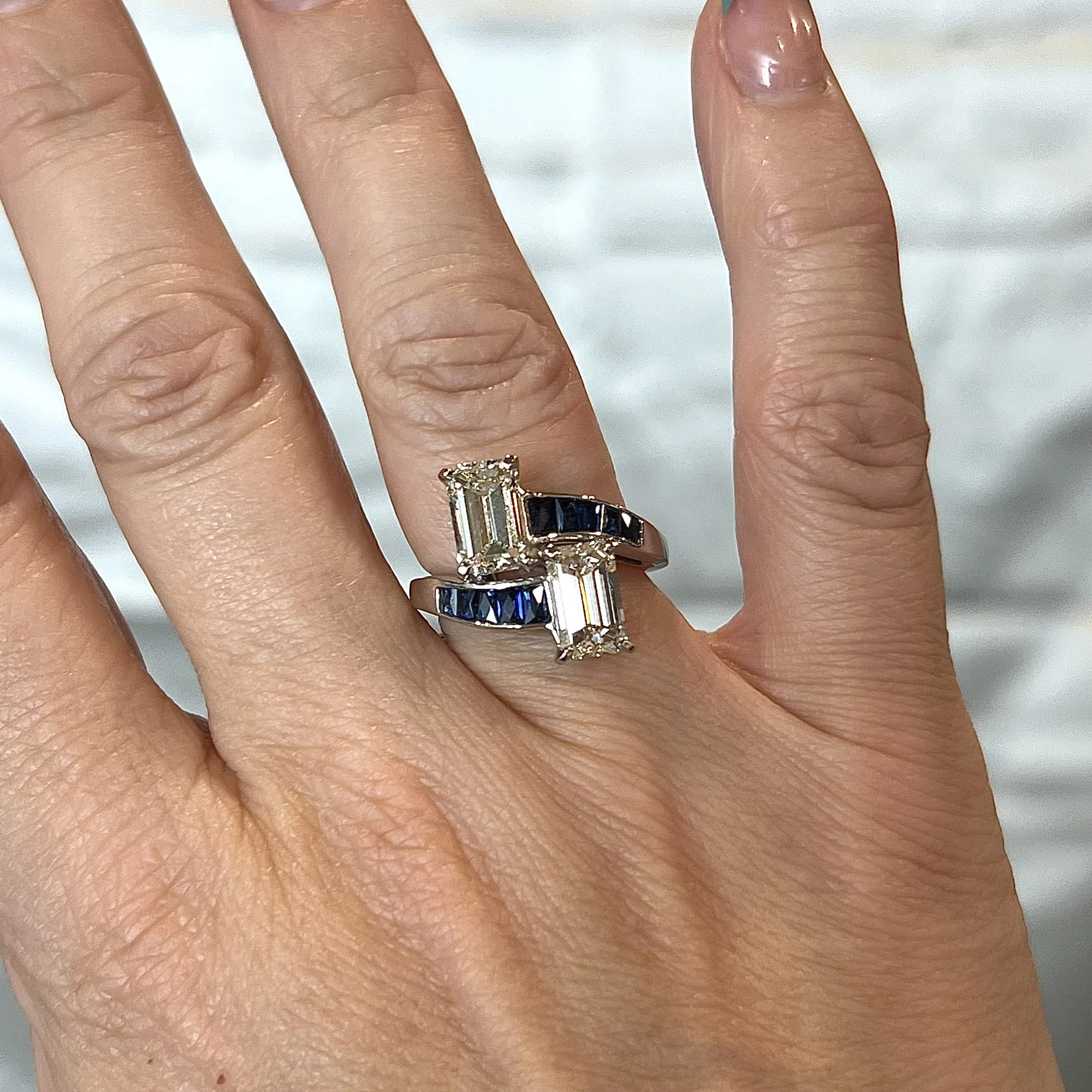 Diamond & Sapphire Bypass Engagement Ring in Platinum - Image 6