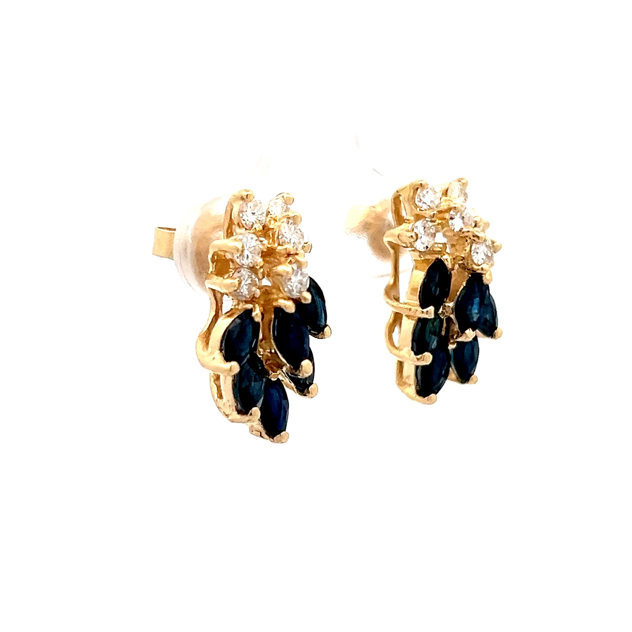 Diamond & Sapphire Cluster Stud Earrings 14k Yellow Gold - Image 3