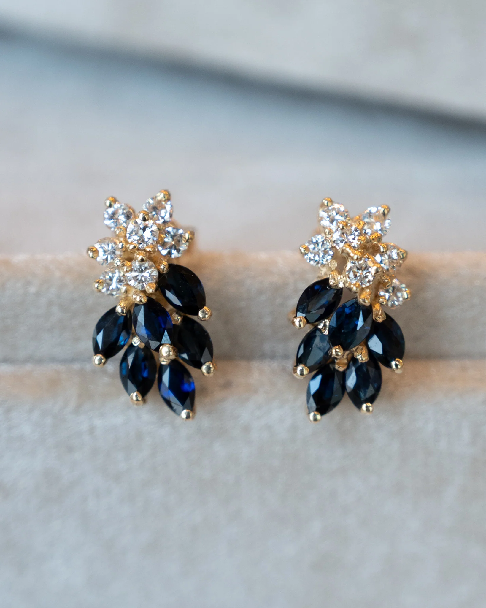Diamond & Sapphire Cluster Stud Earrings 14k Yellow Gold - Image 4