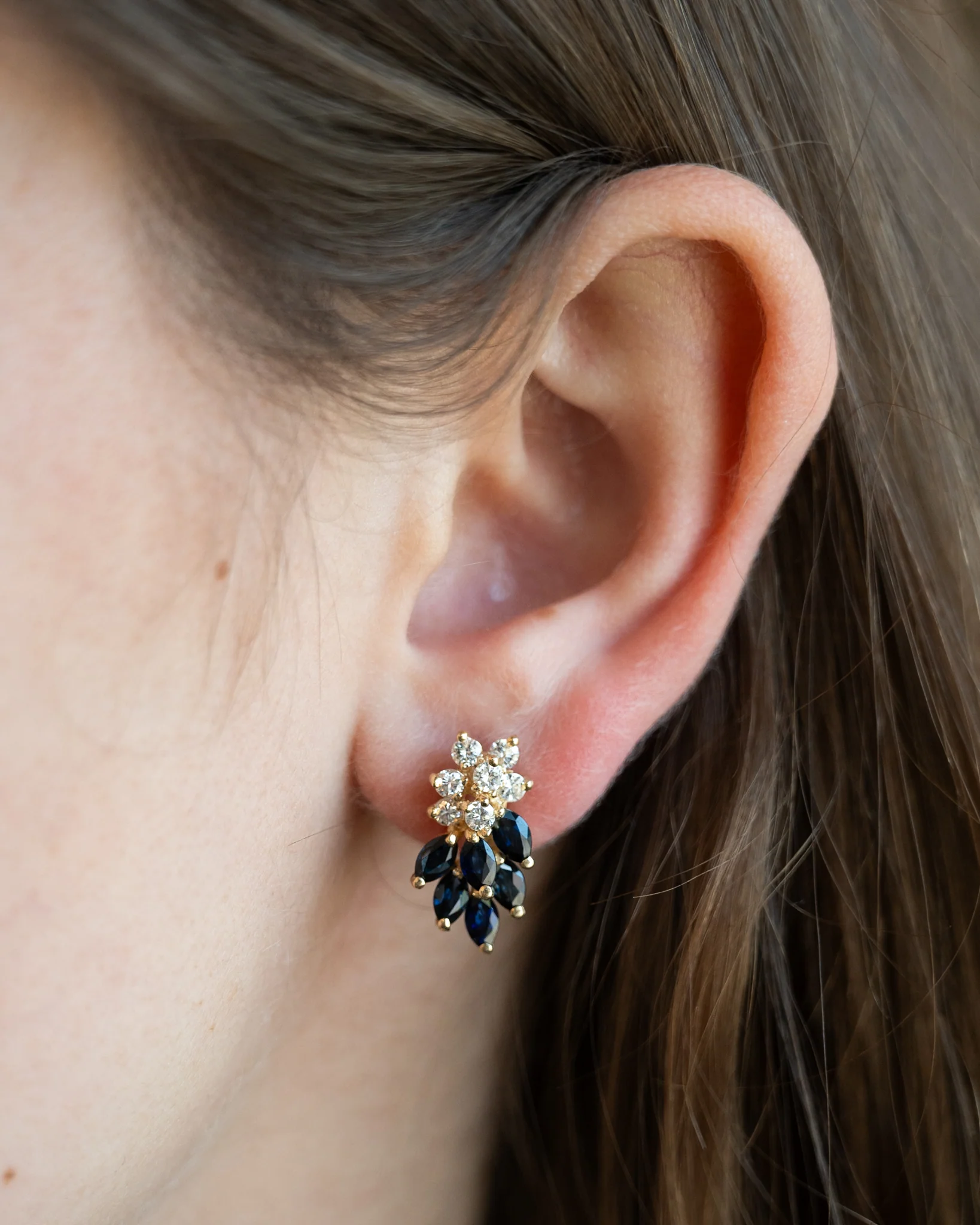Diamond & Sapphire Cluster Stud Earrings 14k Yellow Gold - Image 5