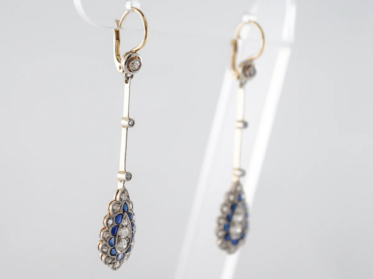 Diamond & Sapphire Dangle Earrings in Yellow Gold - Image 2