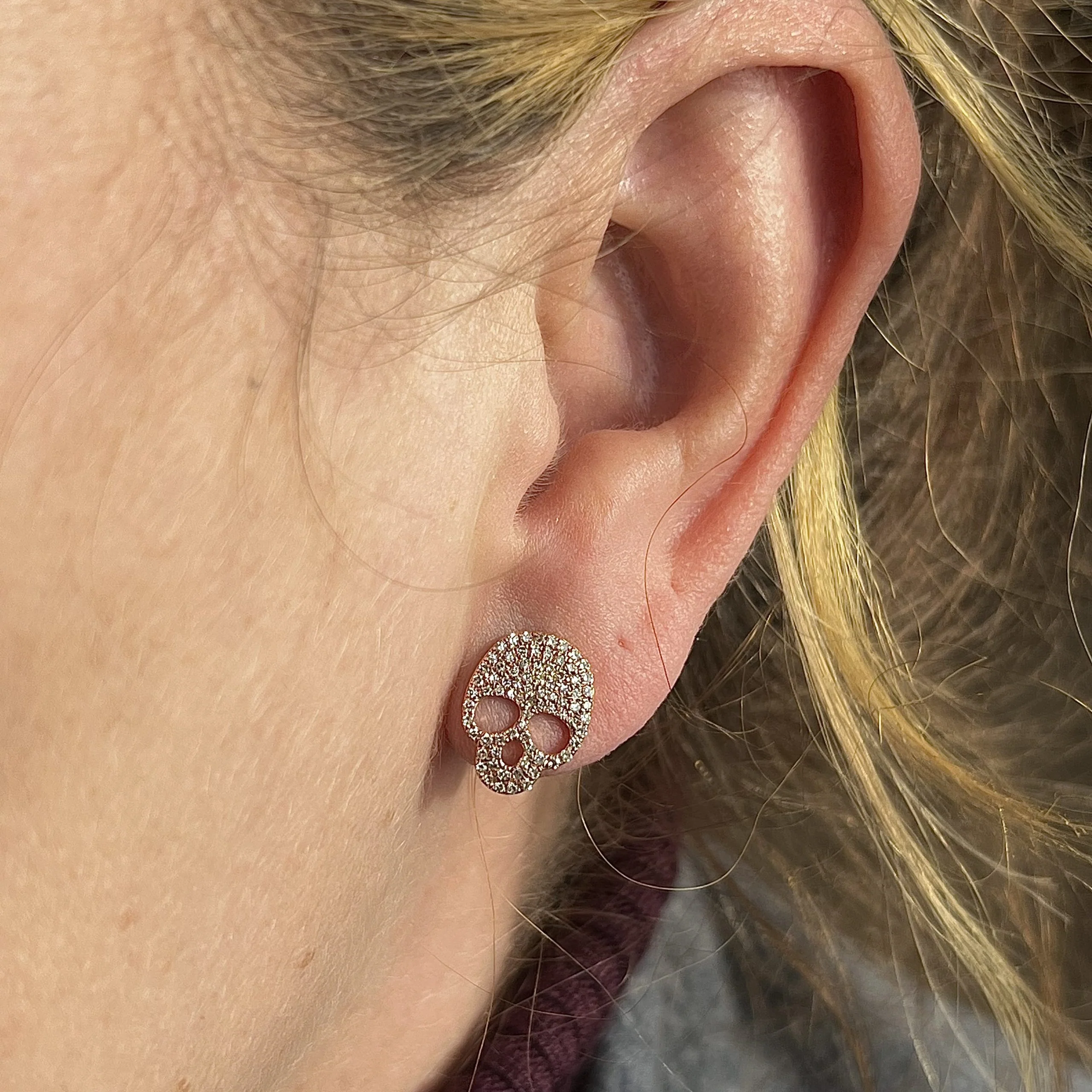 Diamond Skull Stud Earrings in 14k Rose Gold - Image 4