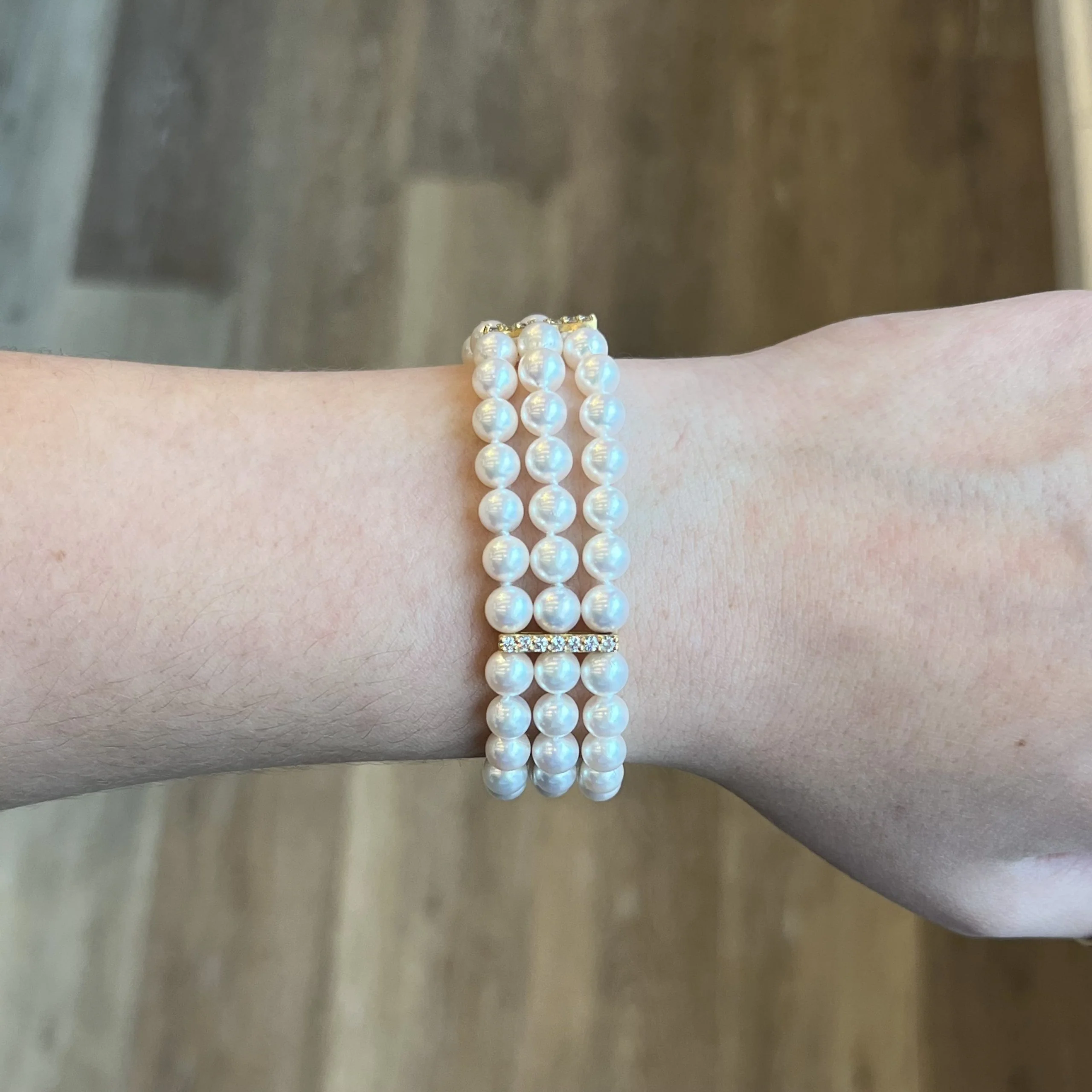 Diamond Station Pearl Bracelet in 14k Yellow Gold - Image 5