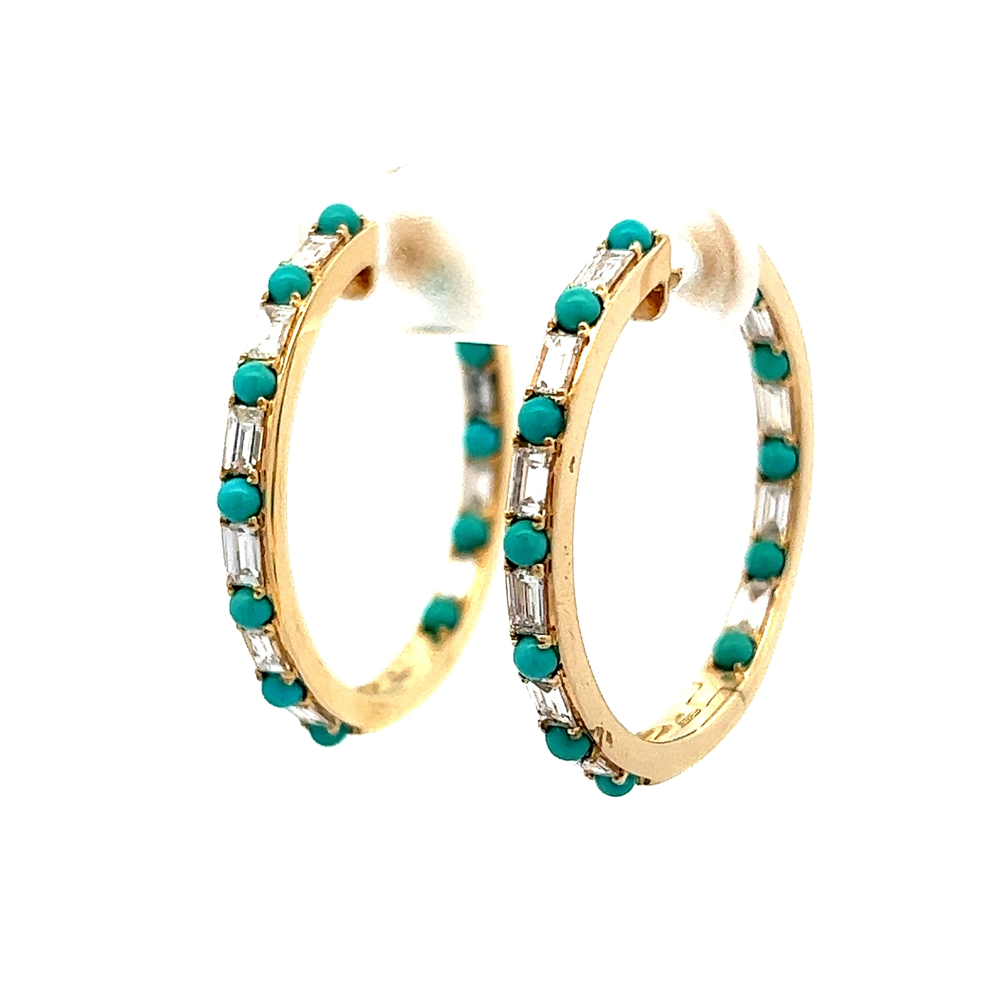 Diamond & Turquoise Hoop Earrings in 14k Yellow Gold - Image 2
