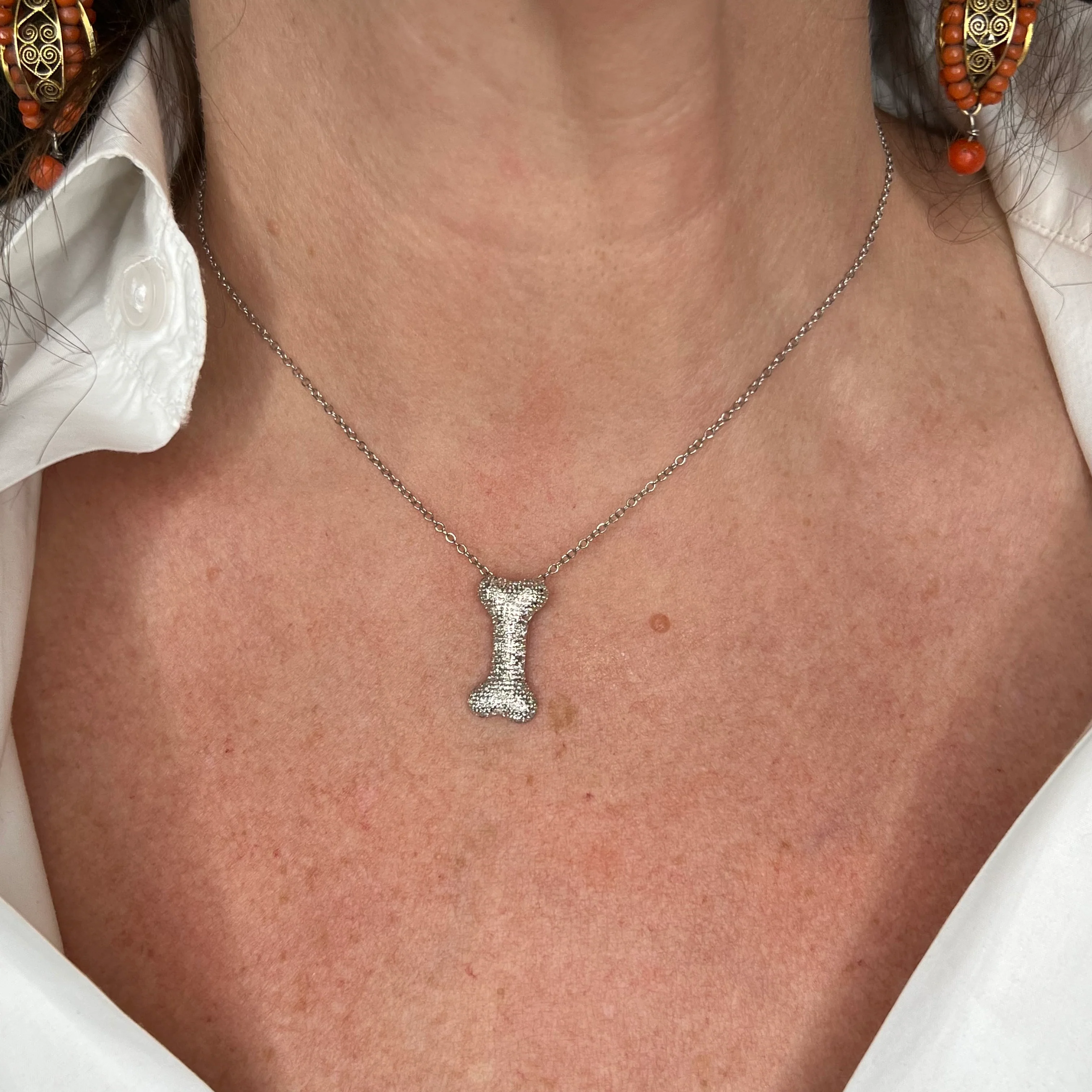 Dog Bone Pendant Necklace with Diamonds in 14k White Gold - Image 4