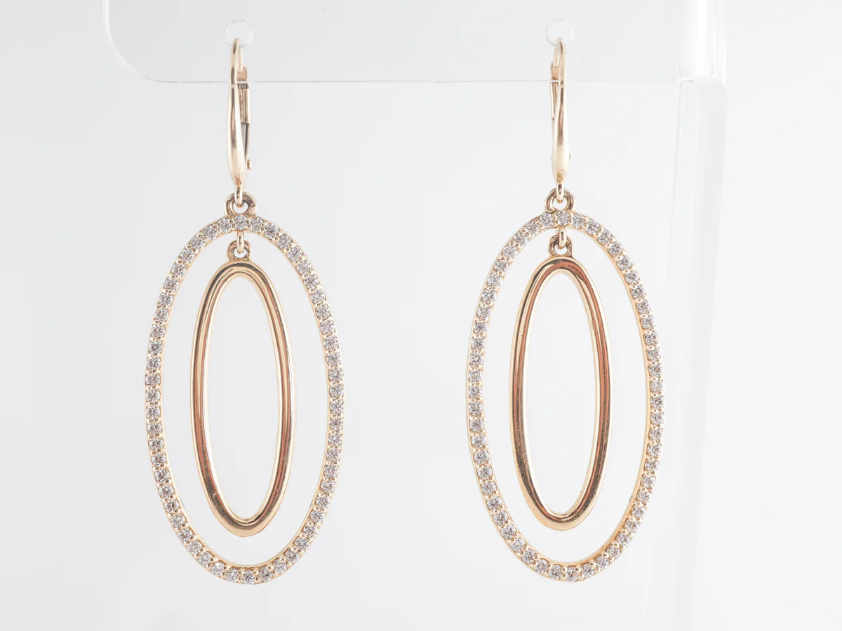 Double Oval Drop Earrings w/ Diamonds in 14k Yellow Gold