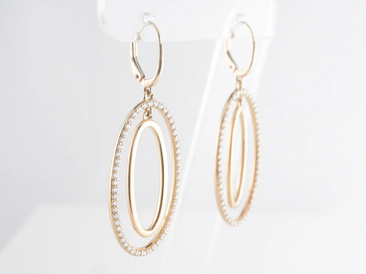 Double Oval Drop Earrings w/ Diamonds in 14k Yellow Gold - Image 3
