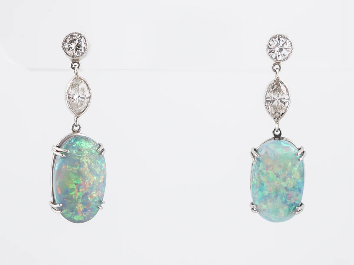 Earrings Dangle Drop Modern 4.50 Oval Cut Opal & Diamonds in Platinum
