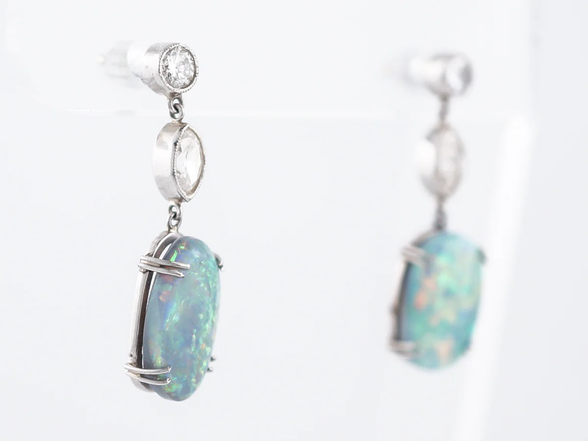 Earrings Dangle Drop Modern 4.50 Oval Cut Opal & Diamonds in Platinum - Image 3