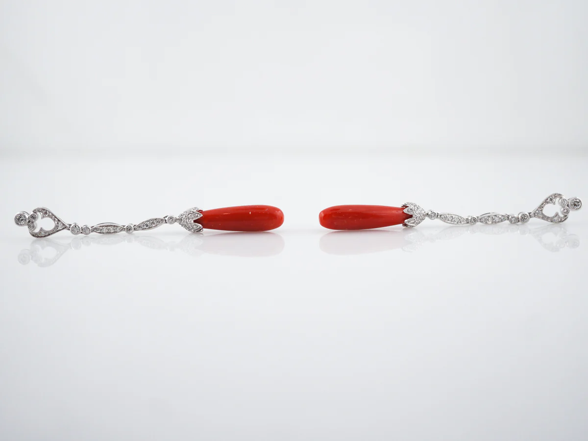 Earrings Modern 1.04 Round Brilliant Cut Diamonds & Coral in Platinum - Image 5