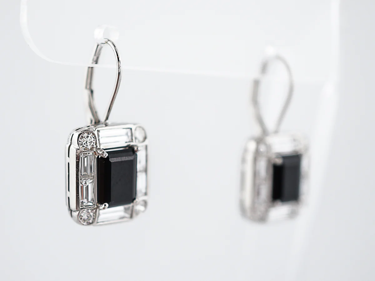Earrings Modern 1.48 Baguette & Round Brilliant Cut Diamonds & Emerald Cut Onyx in Platinum - Image 5