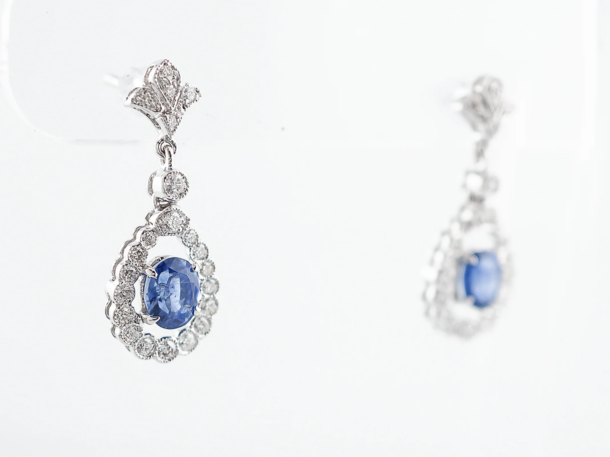 Earrings Modern 1.61 Oval Cut Sapphires & .61 Round Brilliant Cut Diamonds in 18k White Gold - Image 2