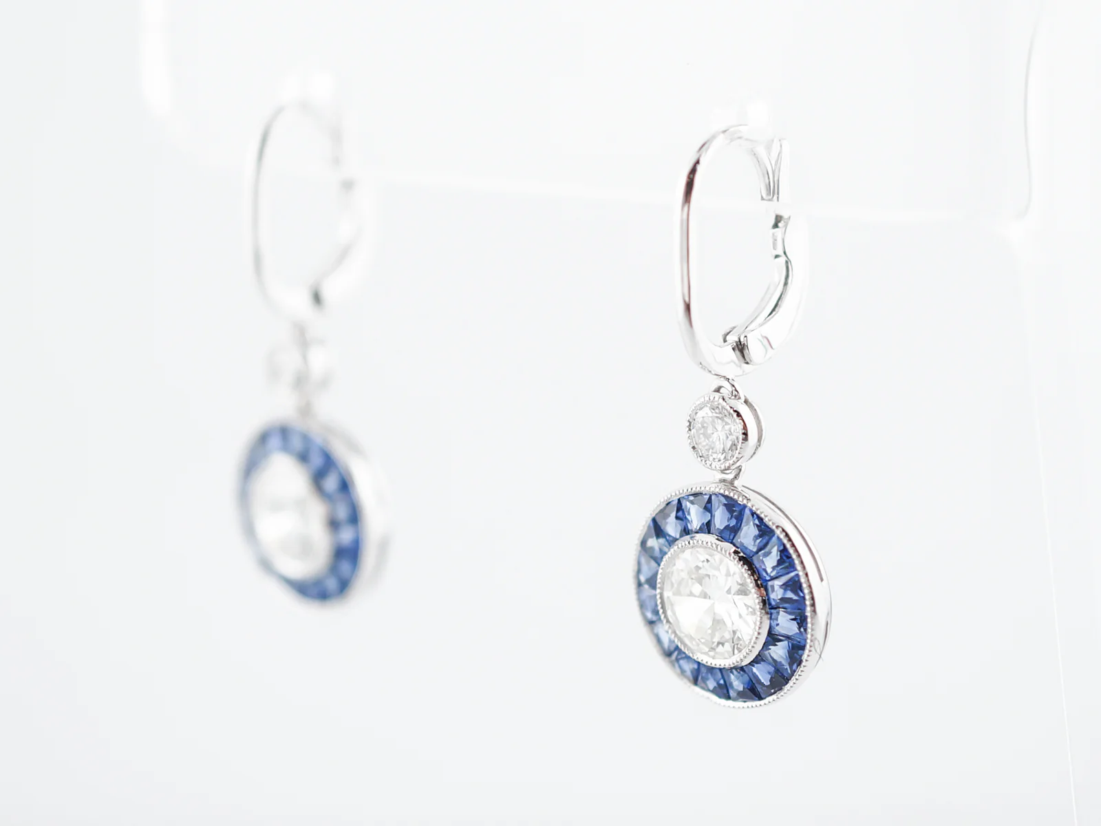Earrings Modern 1.79 Round Brilliant Cut Diamonds & 1.47 French Cut Sapphire in Platinum - Image 2