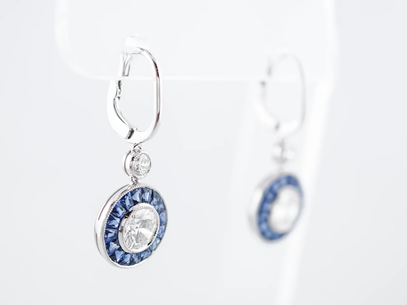 Earrings Modern 1.79 Round Brilliant Cut Diamonds & 1.47 French Cut Sapphire in Platinum - Image 3